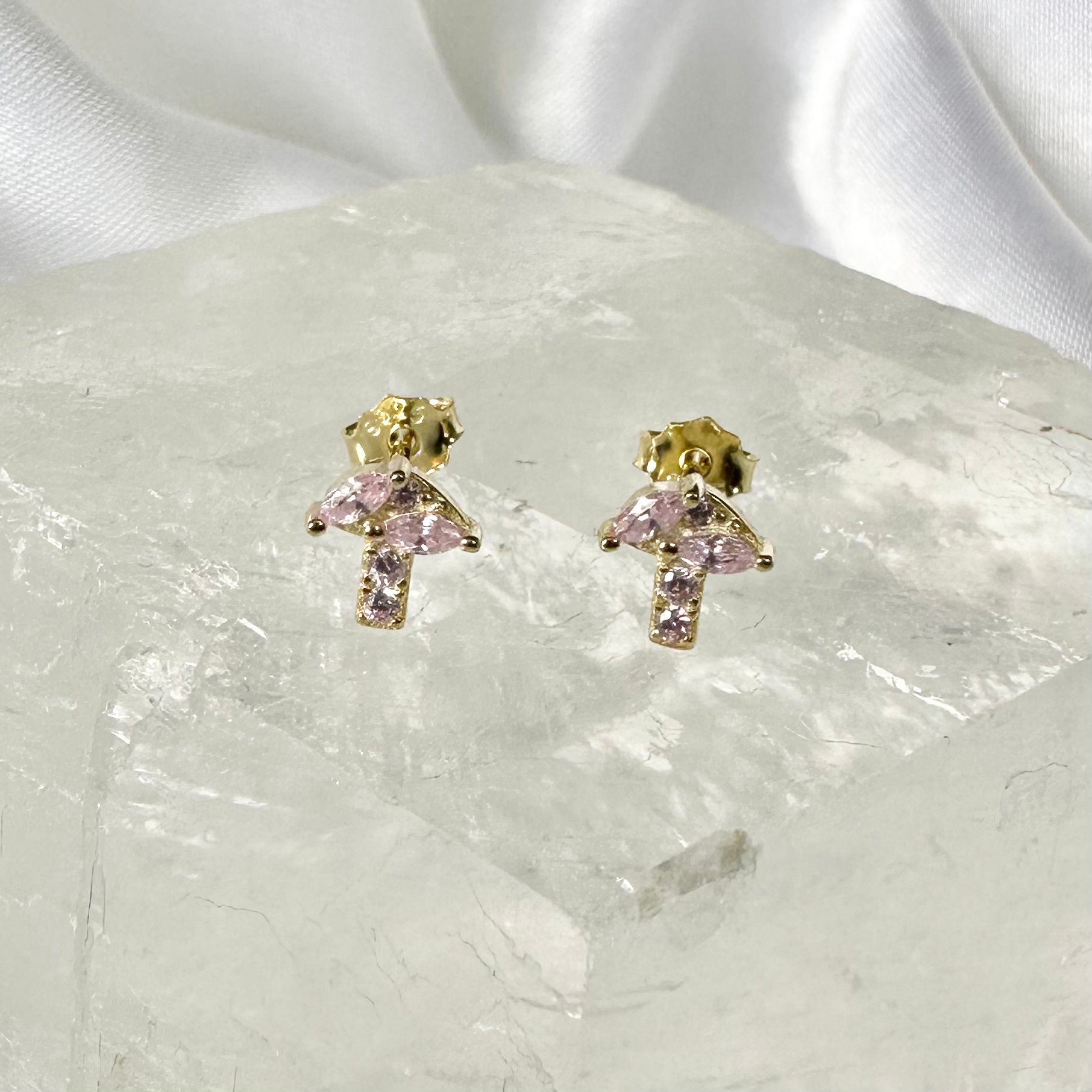 Gold Pink CZ Mini Mushroom Stud Earrings image 0