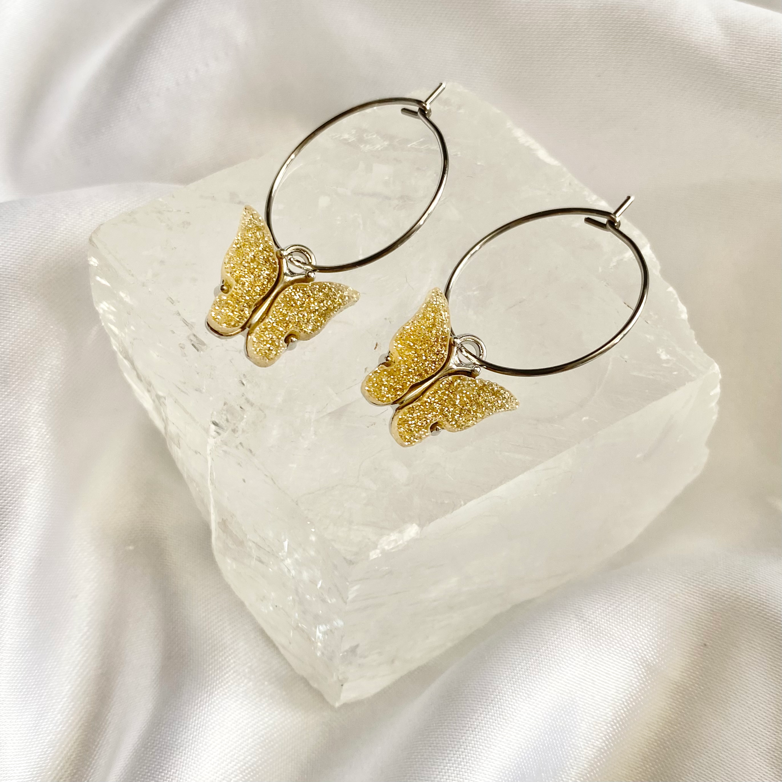 Gold Glitter Butterfly Hoop Earrings image 0