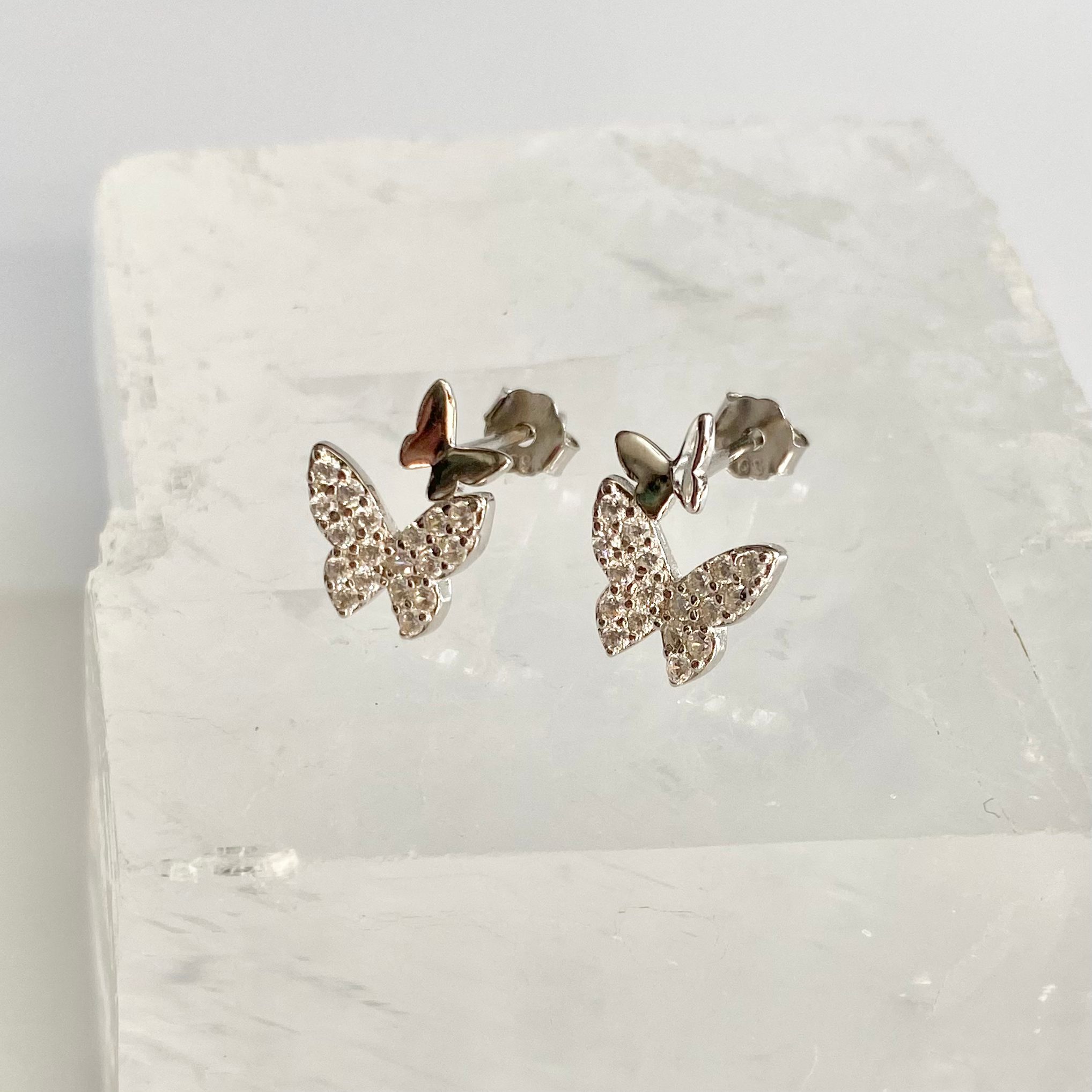 Silver CZ Double Butterfly Stud Earrings image 0