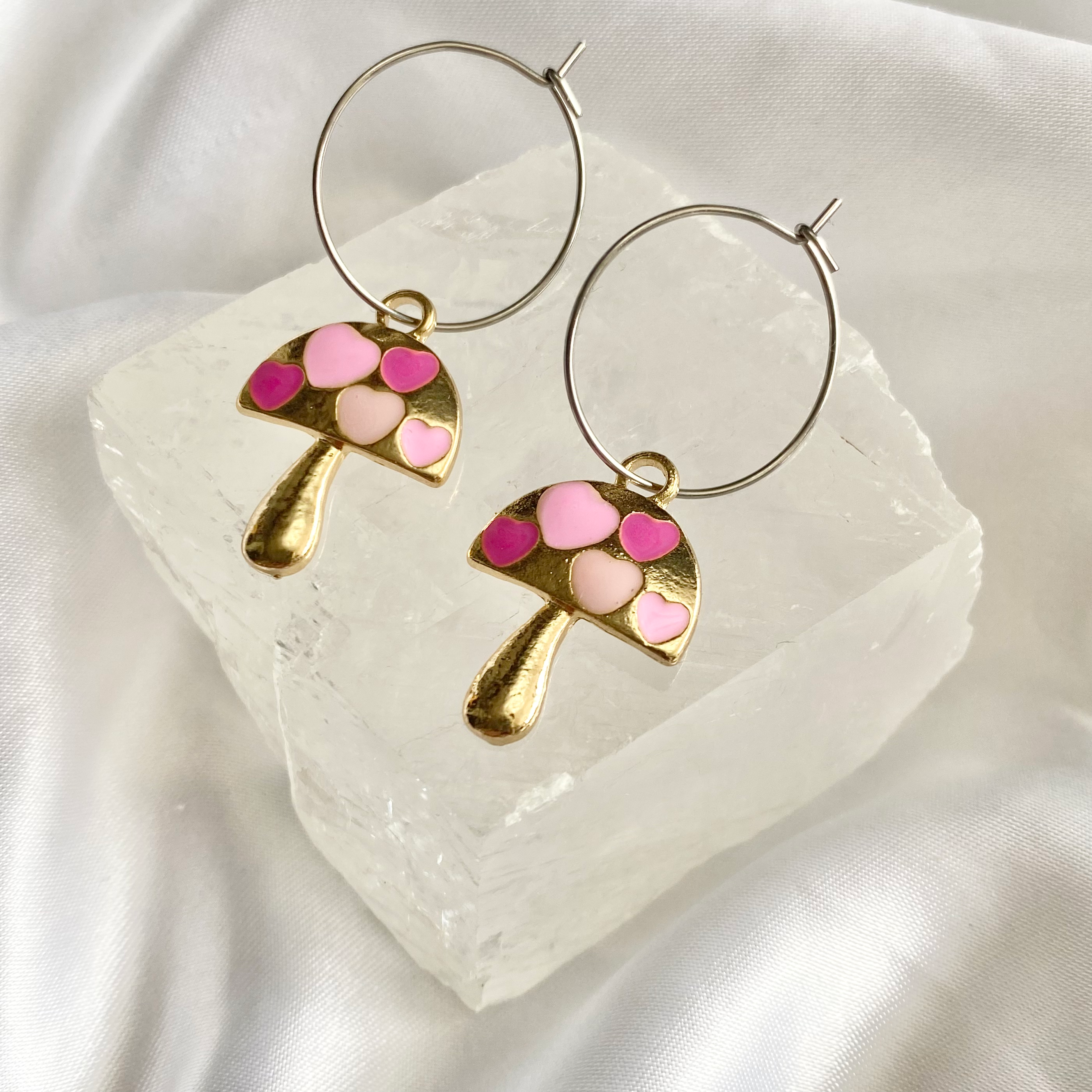 Pink Heart Mushroom Hoop Earrings image 0