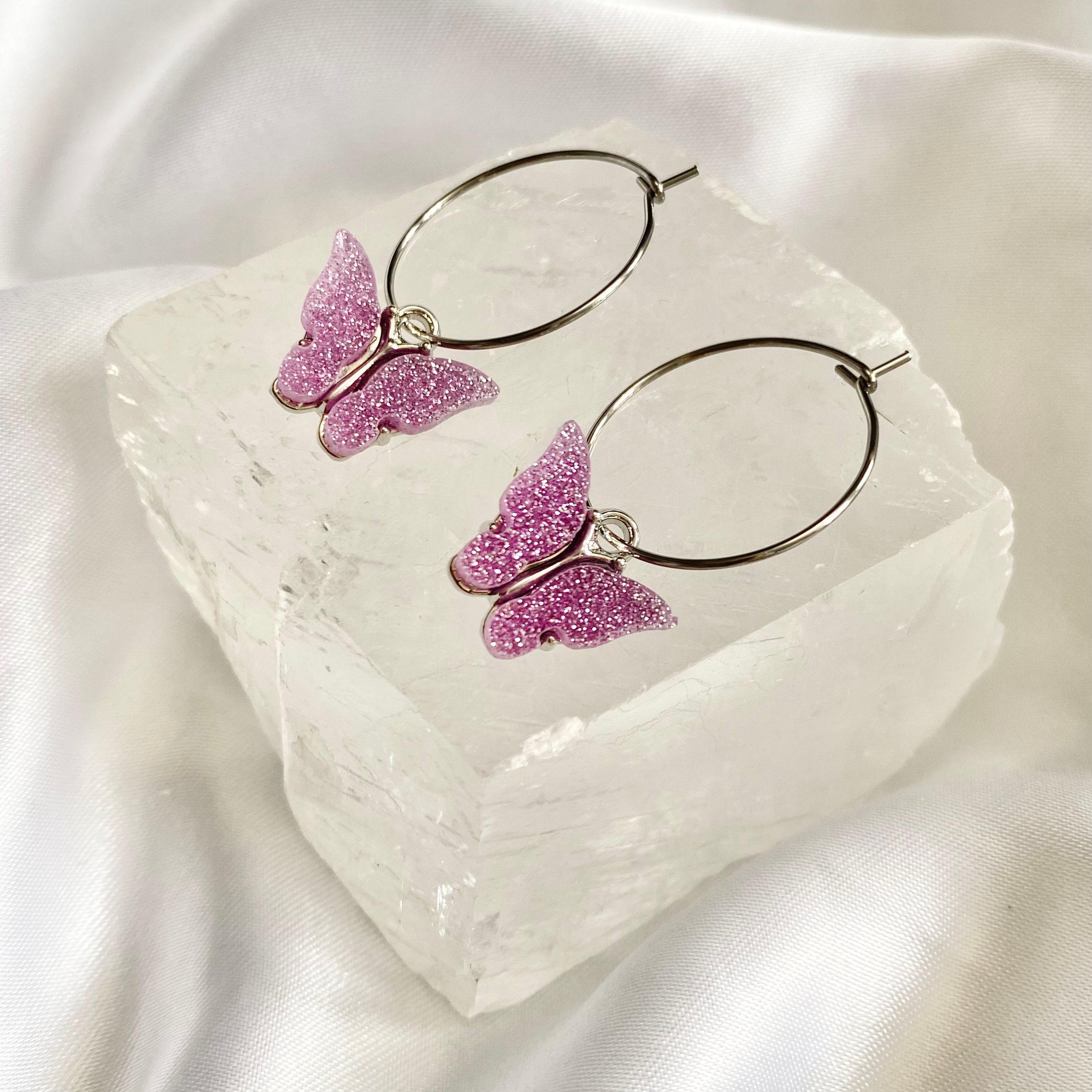 Purple Glitter Butterfly Hoop Earrings image 0