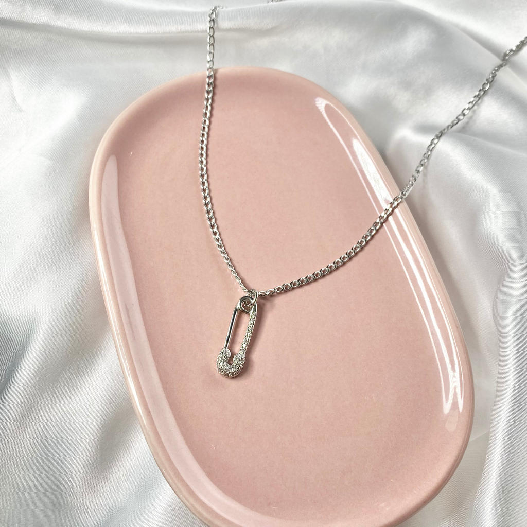 Silver CZ Paved Safety Pin Necklace image 1