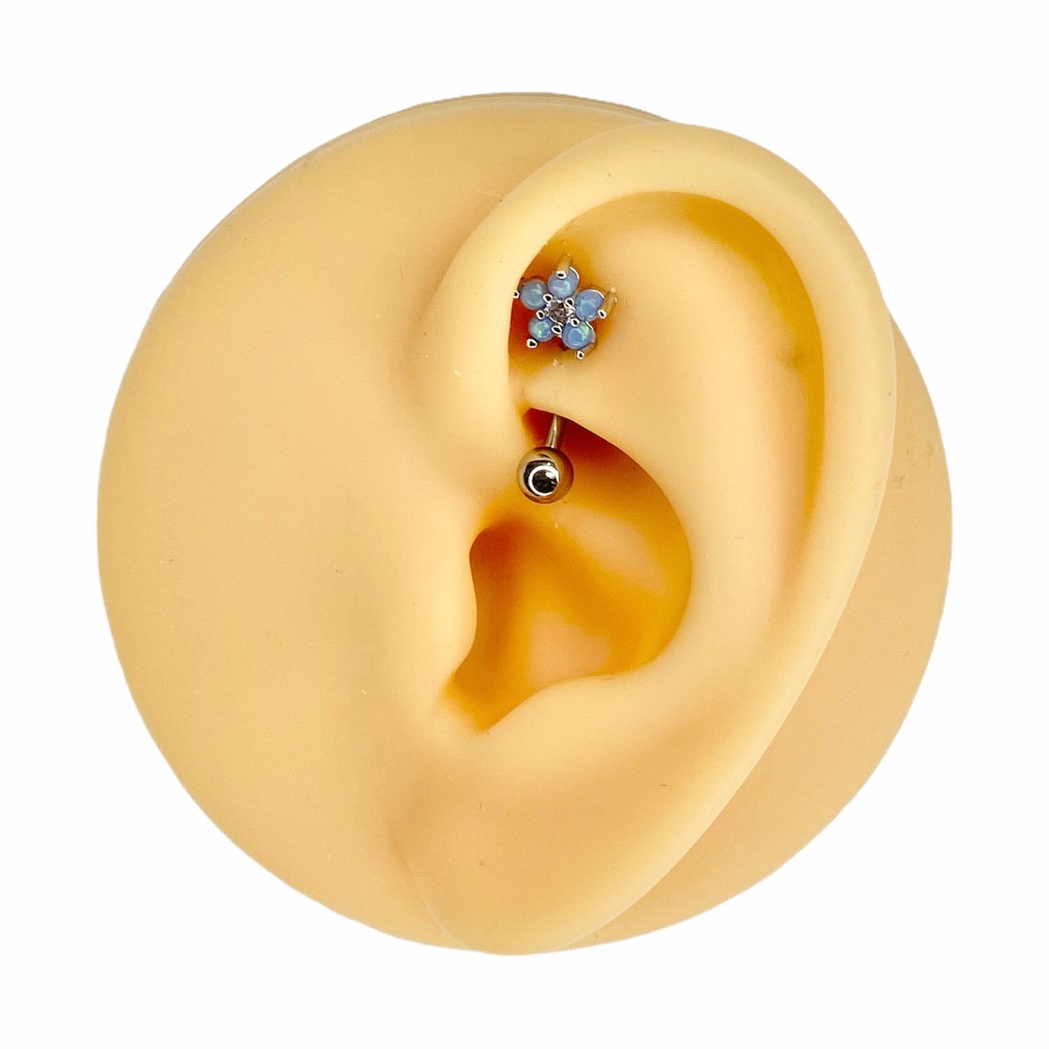 Blue Opal Glitter Flower CZ Center Curved Barbell image 0