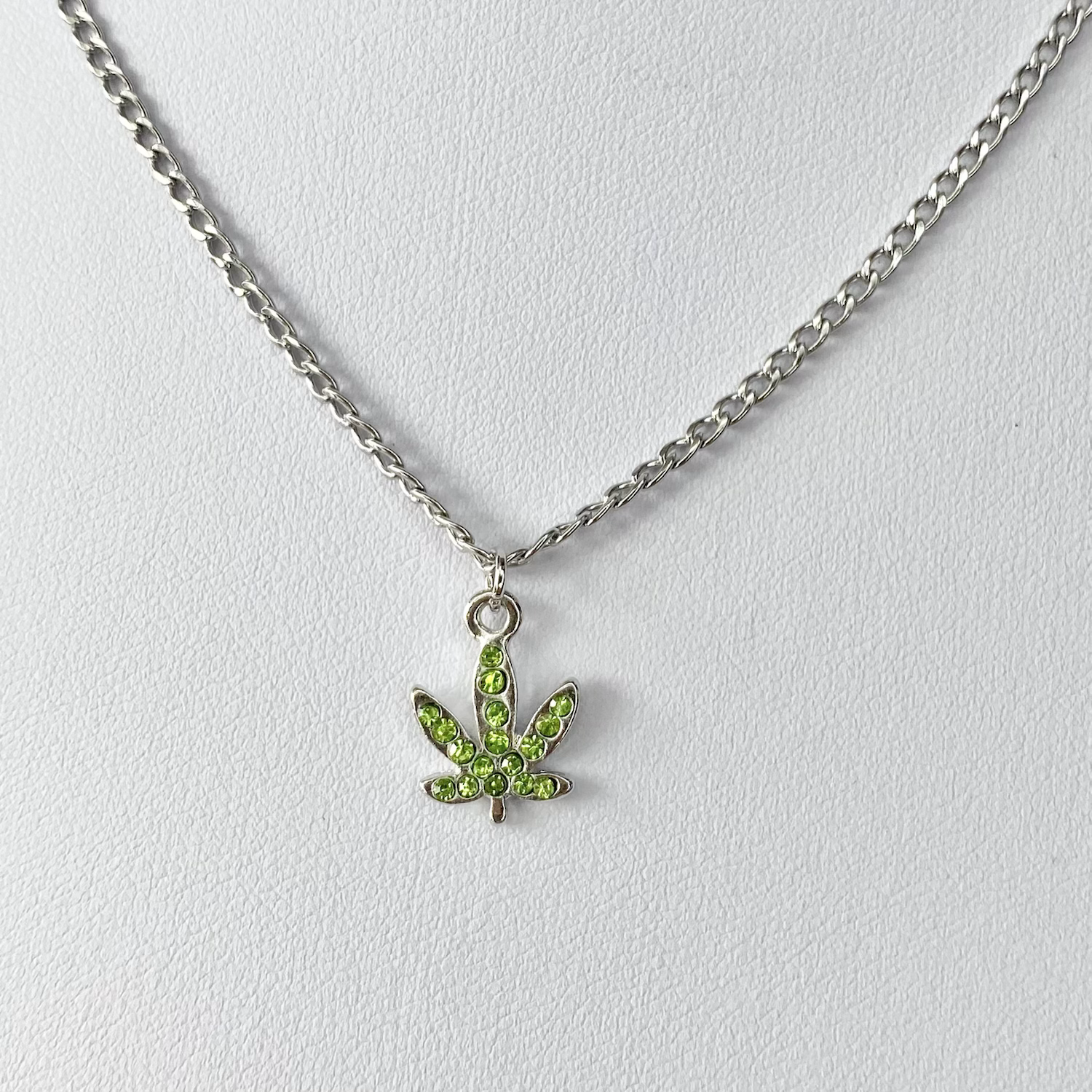 Green Crystal Paved Weed Leaf Necklace image 0