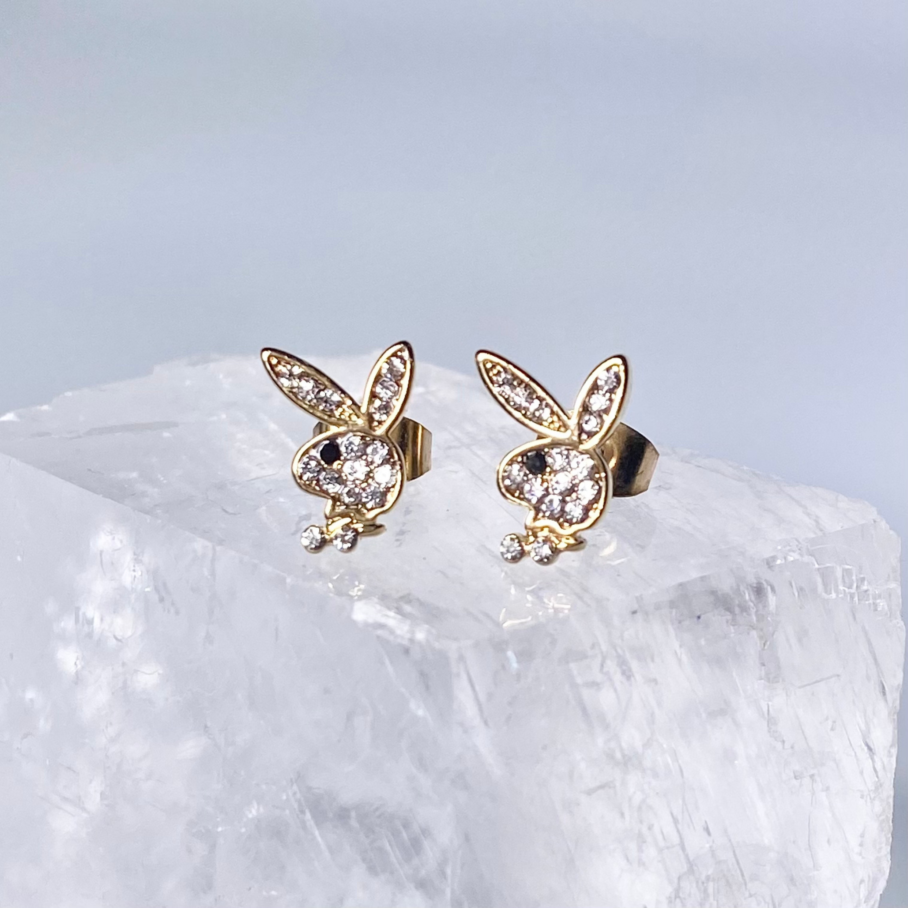 Gold CZ Paved Playboy Stud Earrings image 0