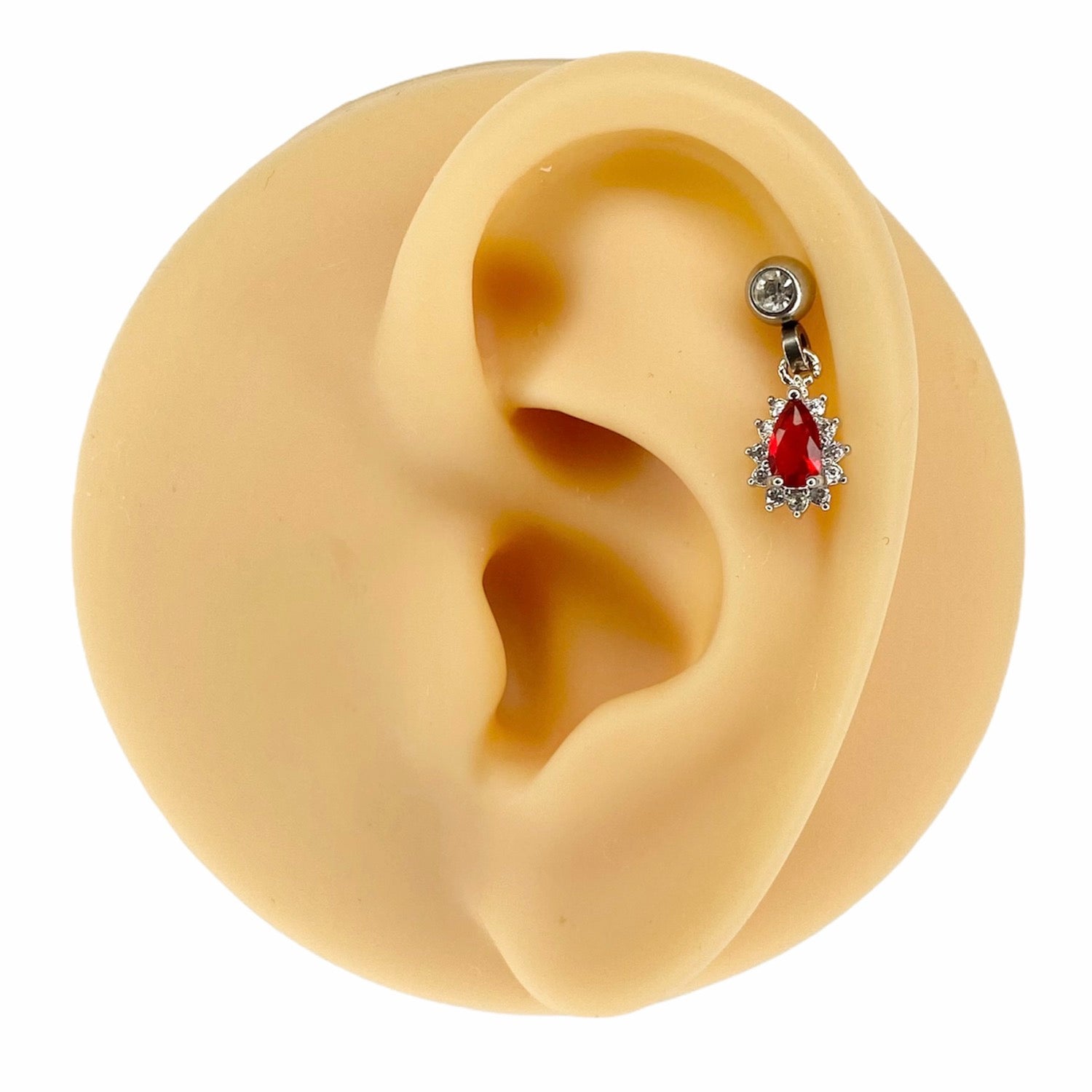 Red CZ Tear Drop Dangle Barbell Stud image 0