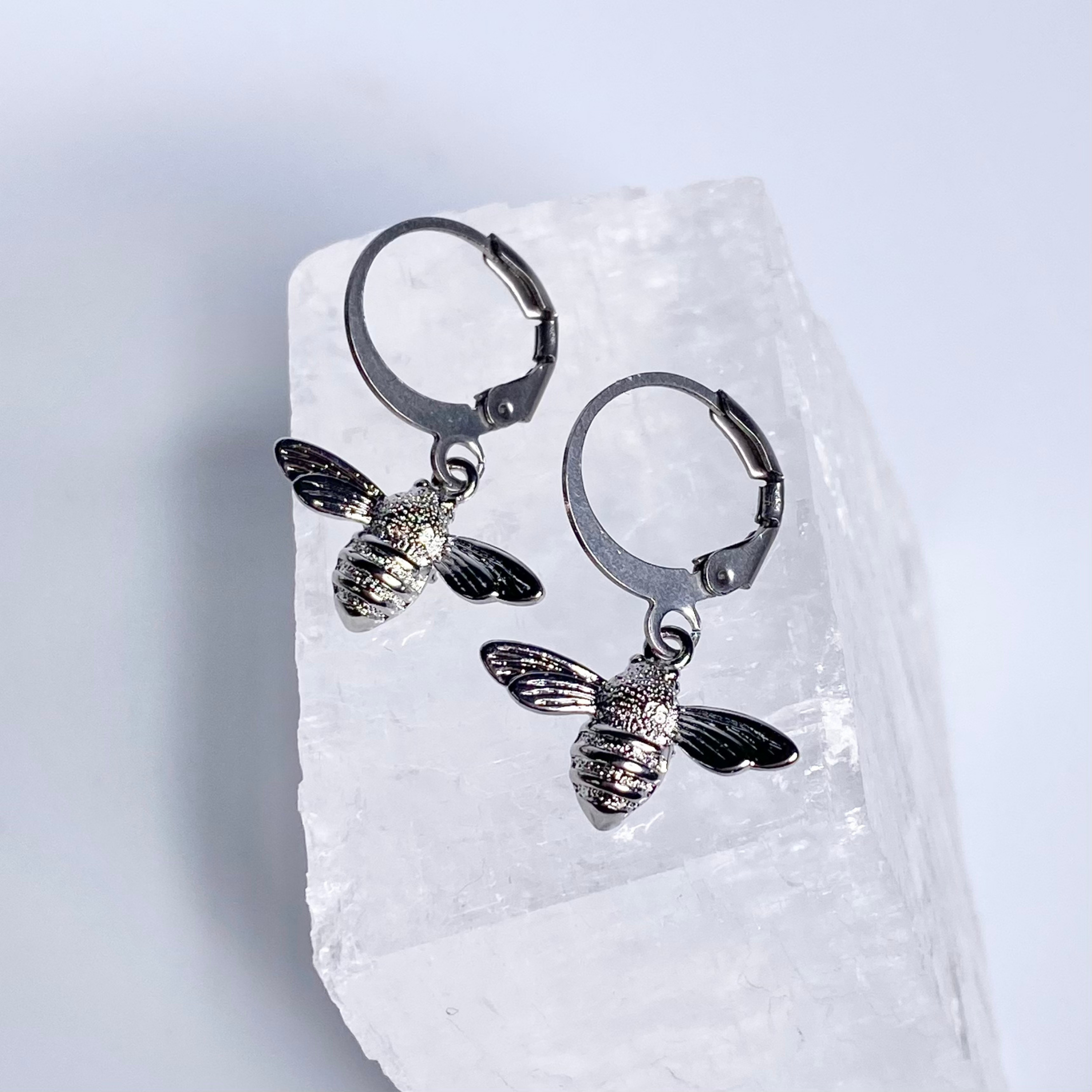 Silver Mini Realistic Bee Hoop Earrings image 0