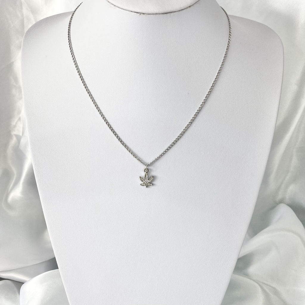 Silver Crystal Paved Weed Leaf Necklace image 1