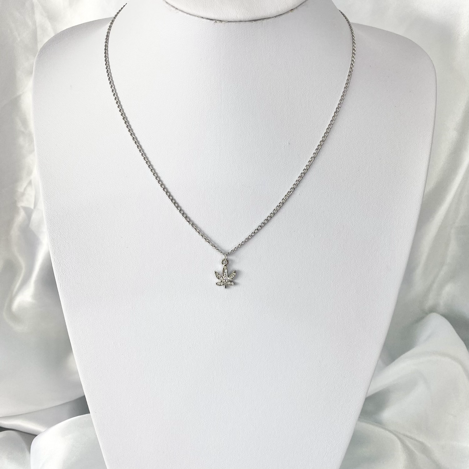 Silver Crystal Paved Weed Leaf Necklace image 1