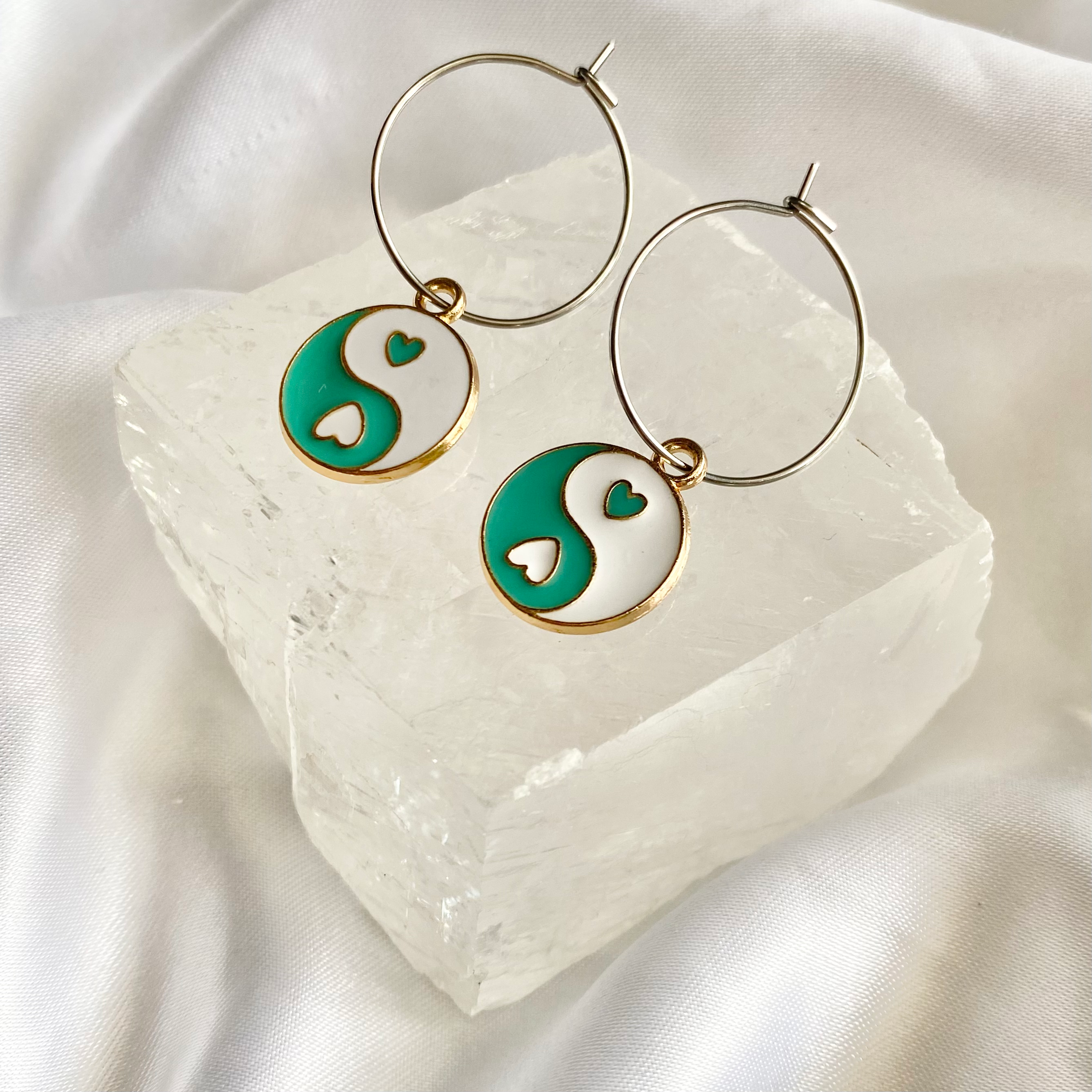 Green Yin & Yang Circle Hoop Earrings image 0