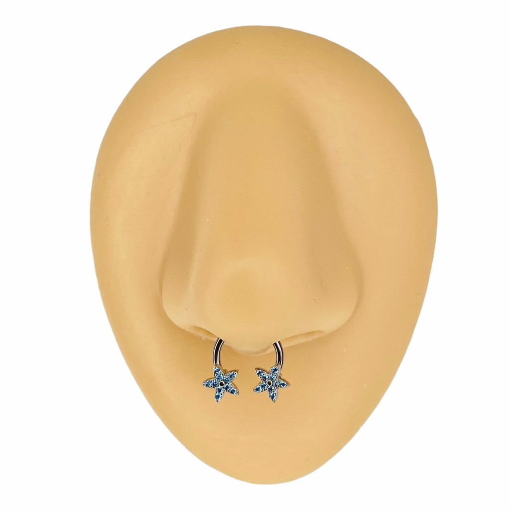 Blue CZ Paved Flower Ends Horseshoe Hoop  image 0