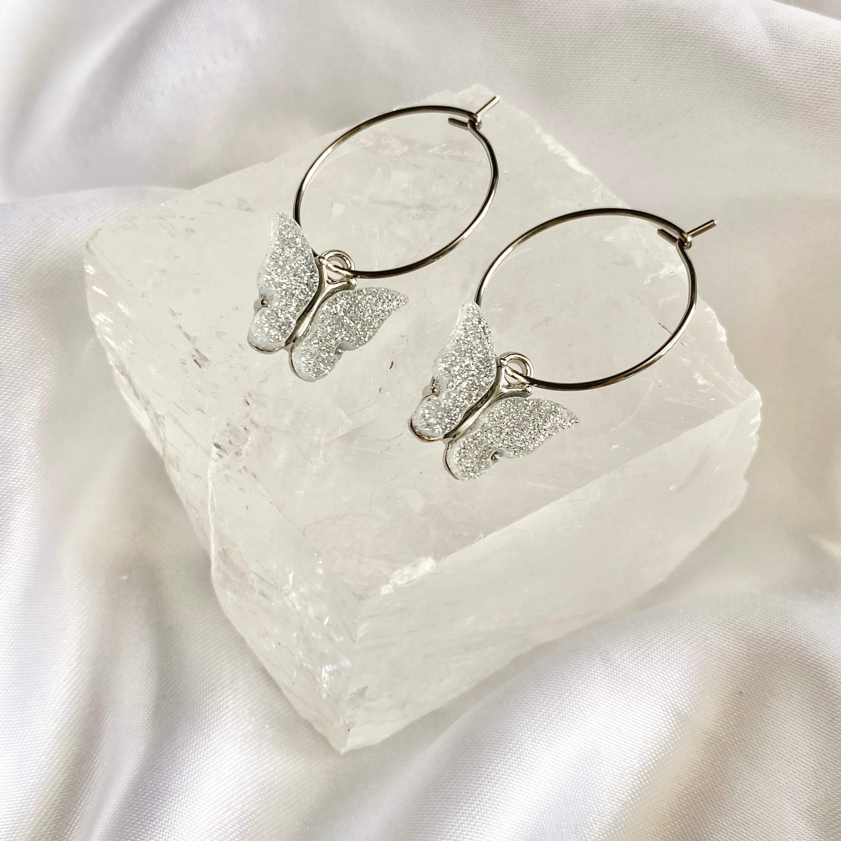 Silver Glitter Butterfly Hoop Earrings image 0