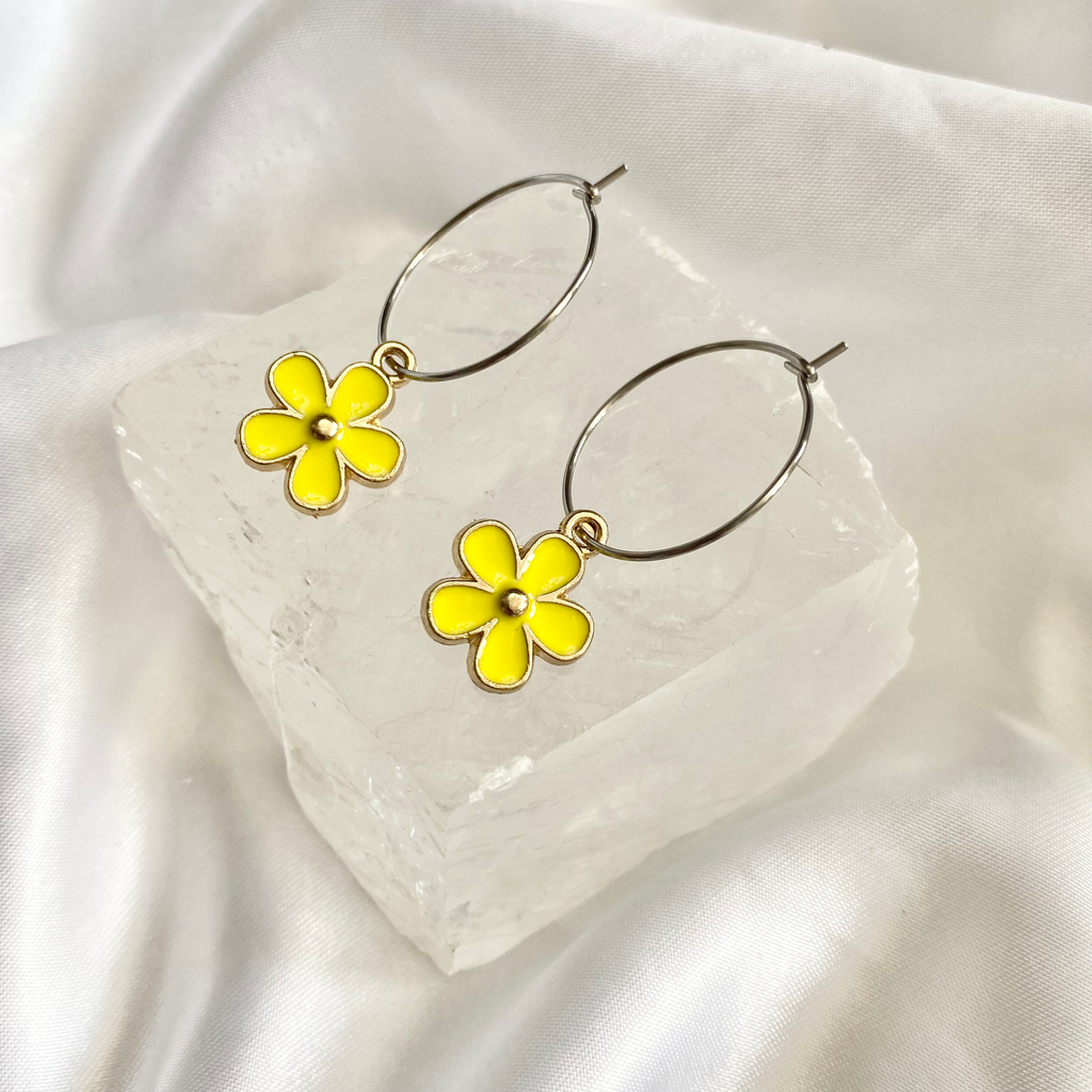 Yellow Flower Hoop Earrings image 0
