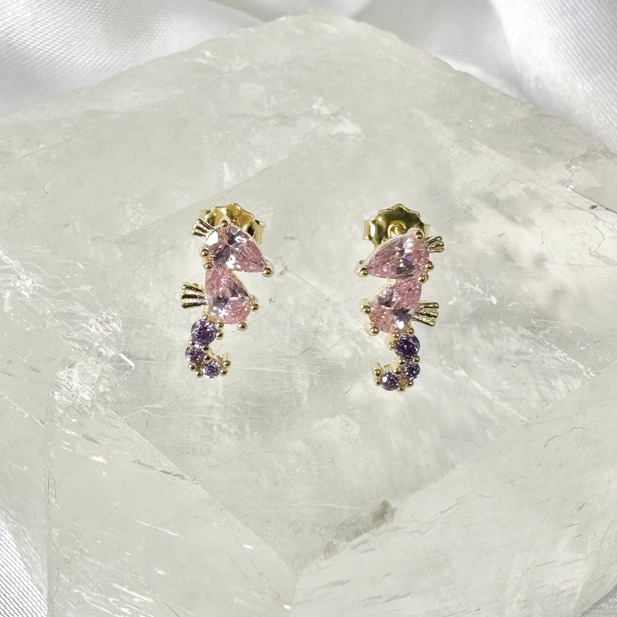 Gold Pink & Purple CZ Seahorse Stud Earrings image 0
