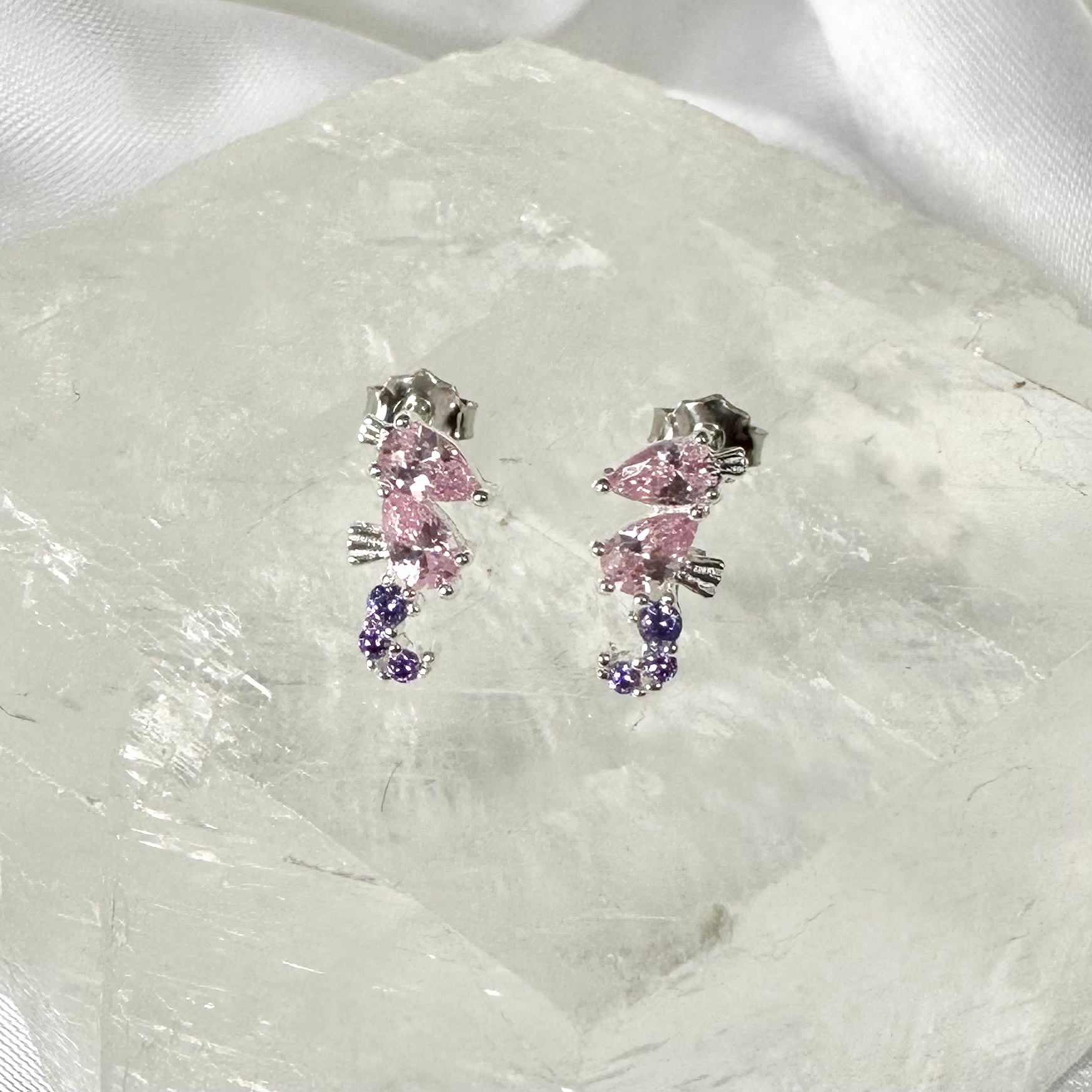 Silver Pink & Purple CZ Seahorse Stud Earrings image 0