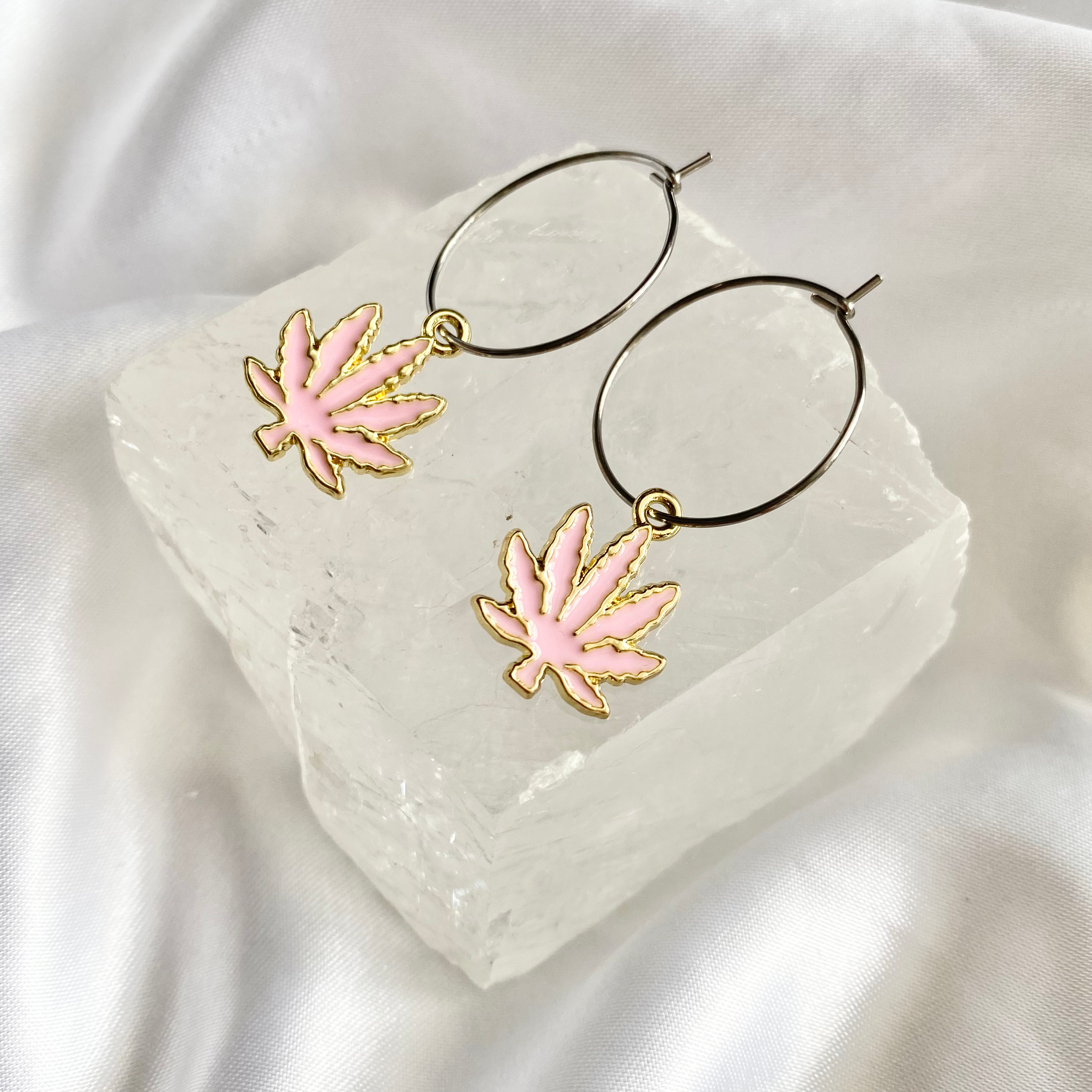 Light Pink Weed Leaf Hoop Earrings image 0