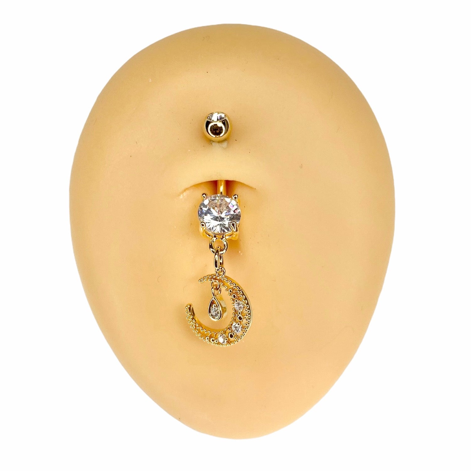 Gold CZ Crescent Moon Dangle Belly Bar  image 0