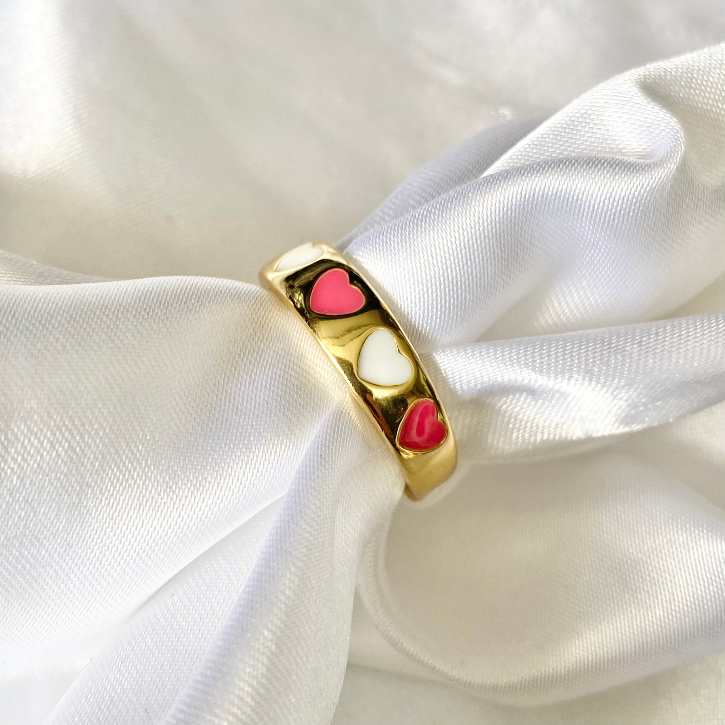 Pink & White Enamel 5 Heart Ring image 0