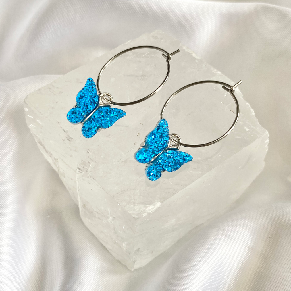Blue Glitter Butterfly Hoop Earrings image 0
