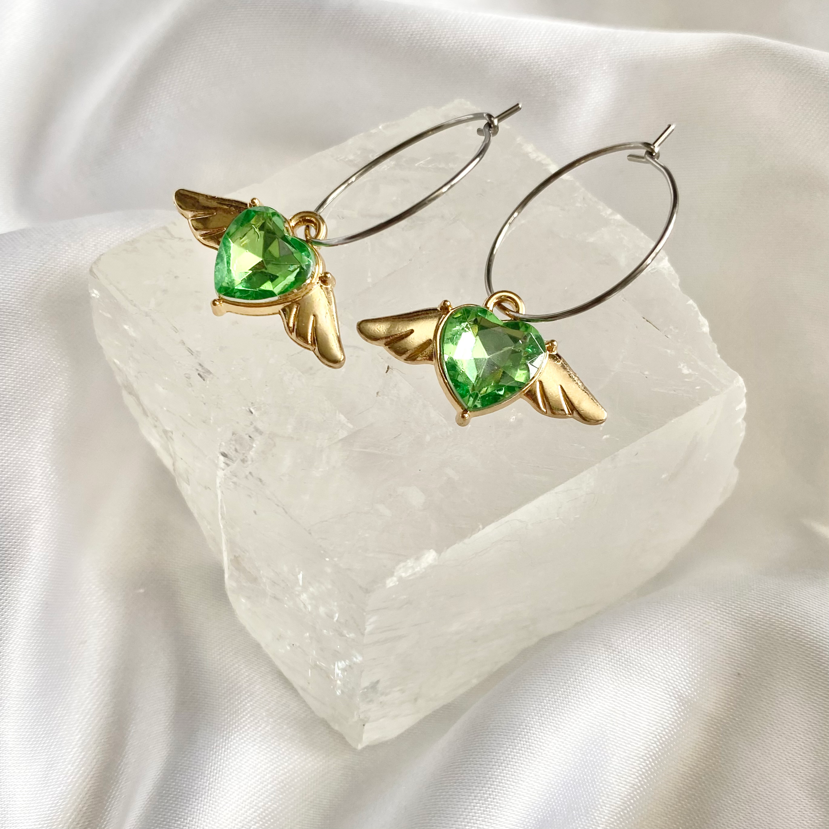 Green Heart Winged Hoop Earrings image 0