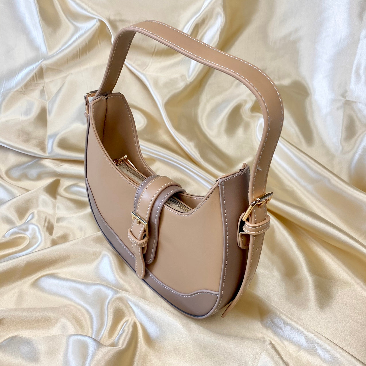 Camel & Mocha Buckle Front Shoulder Bag image 1