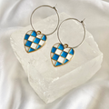 Blue Checkered Heart Hoop Earrings image 0