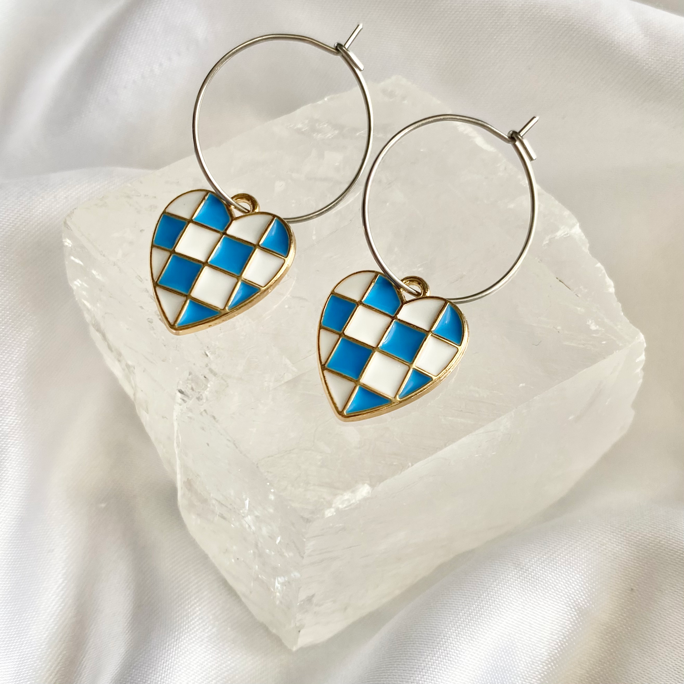 Blue Checkered Heart Hoop Earrings image 0