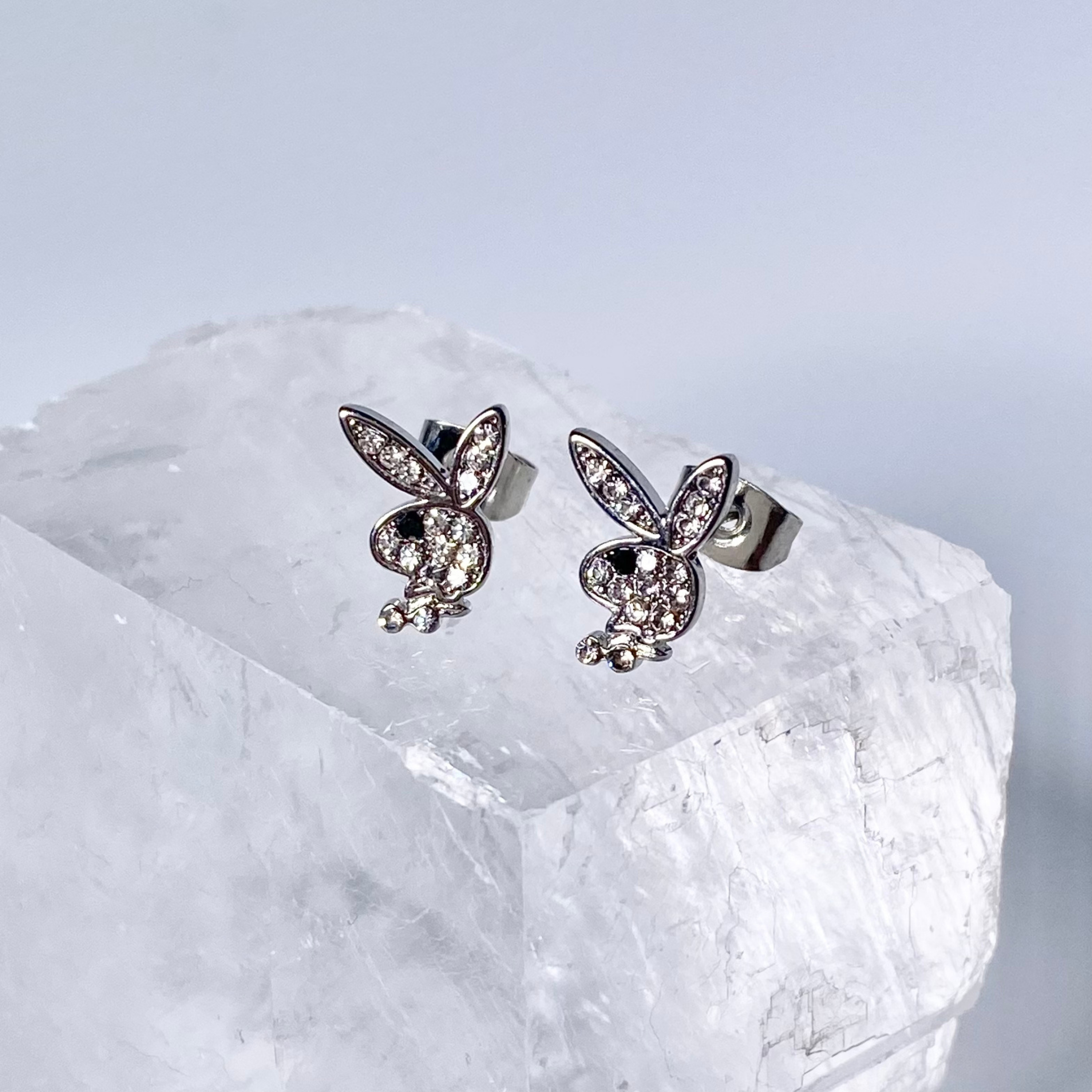 Silver CZ Paved Playboy Stud Earrings image 0