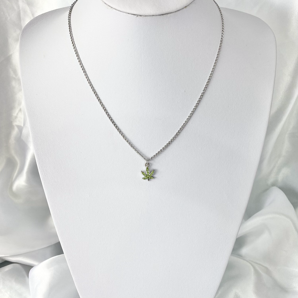 Green Crystal Paved Weed Leaf Necklace image 1