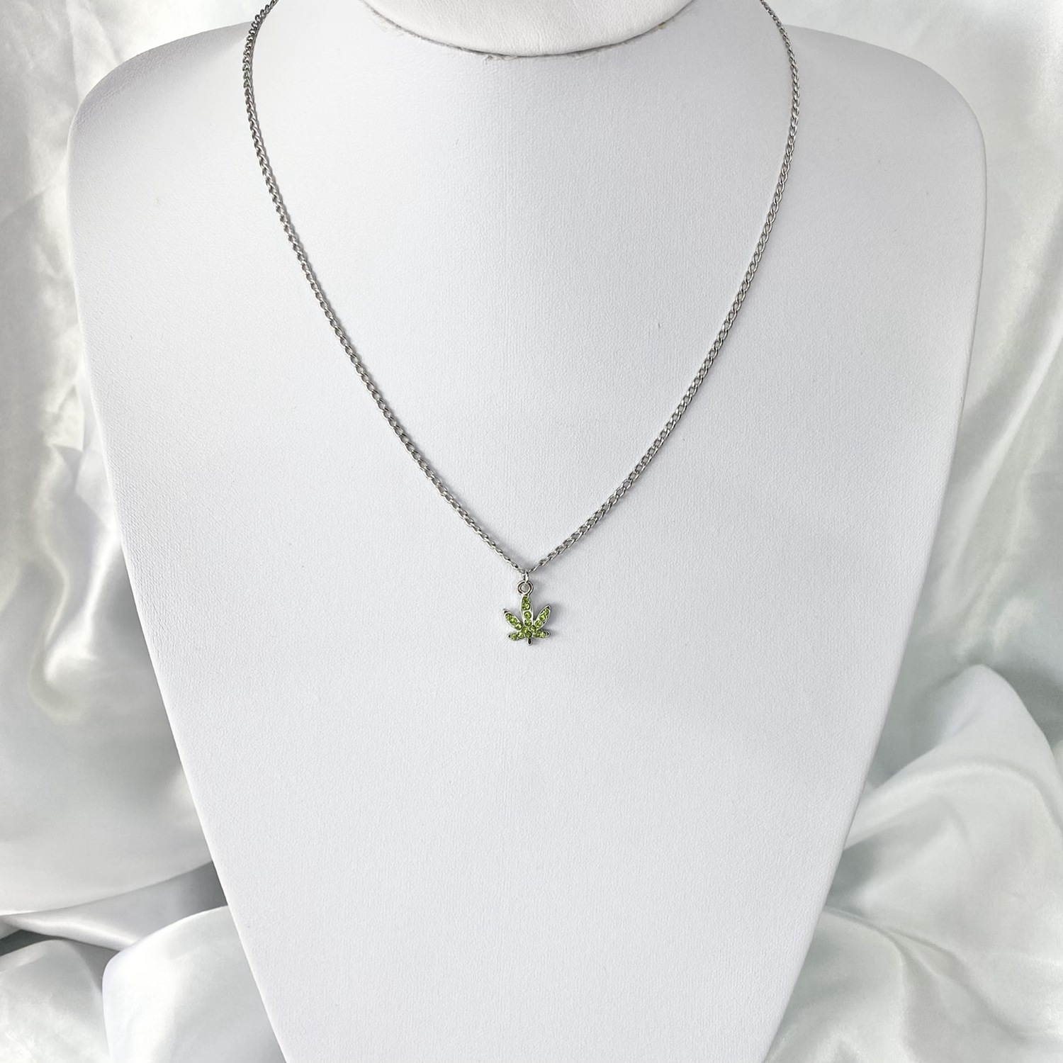 Green Crystal Paved Weed Leaf Necklace image 1
