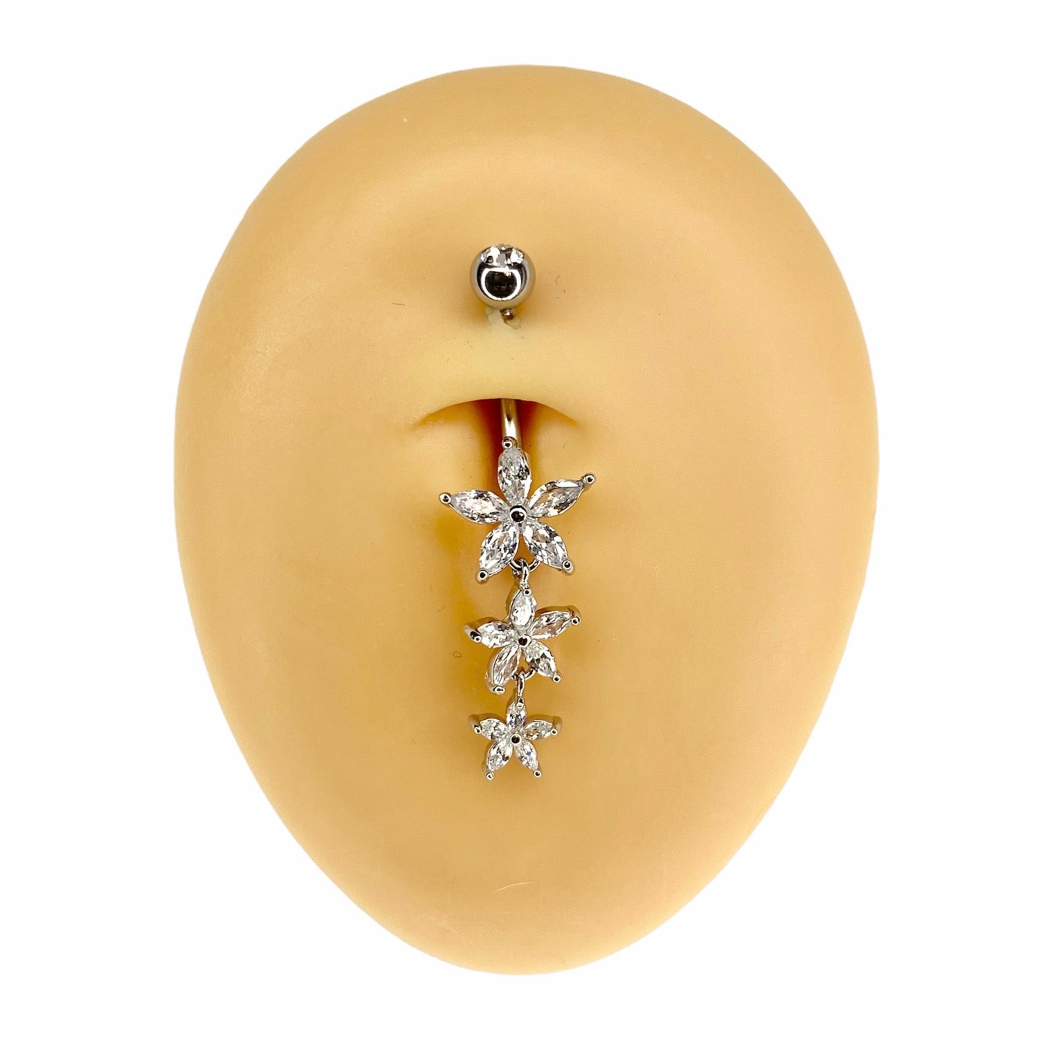 Silver Triple CZ Marquise Flower Dangle Belly Bar  image 0