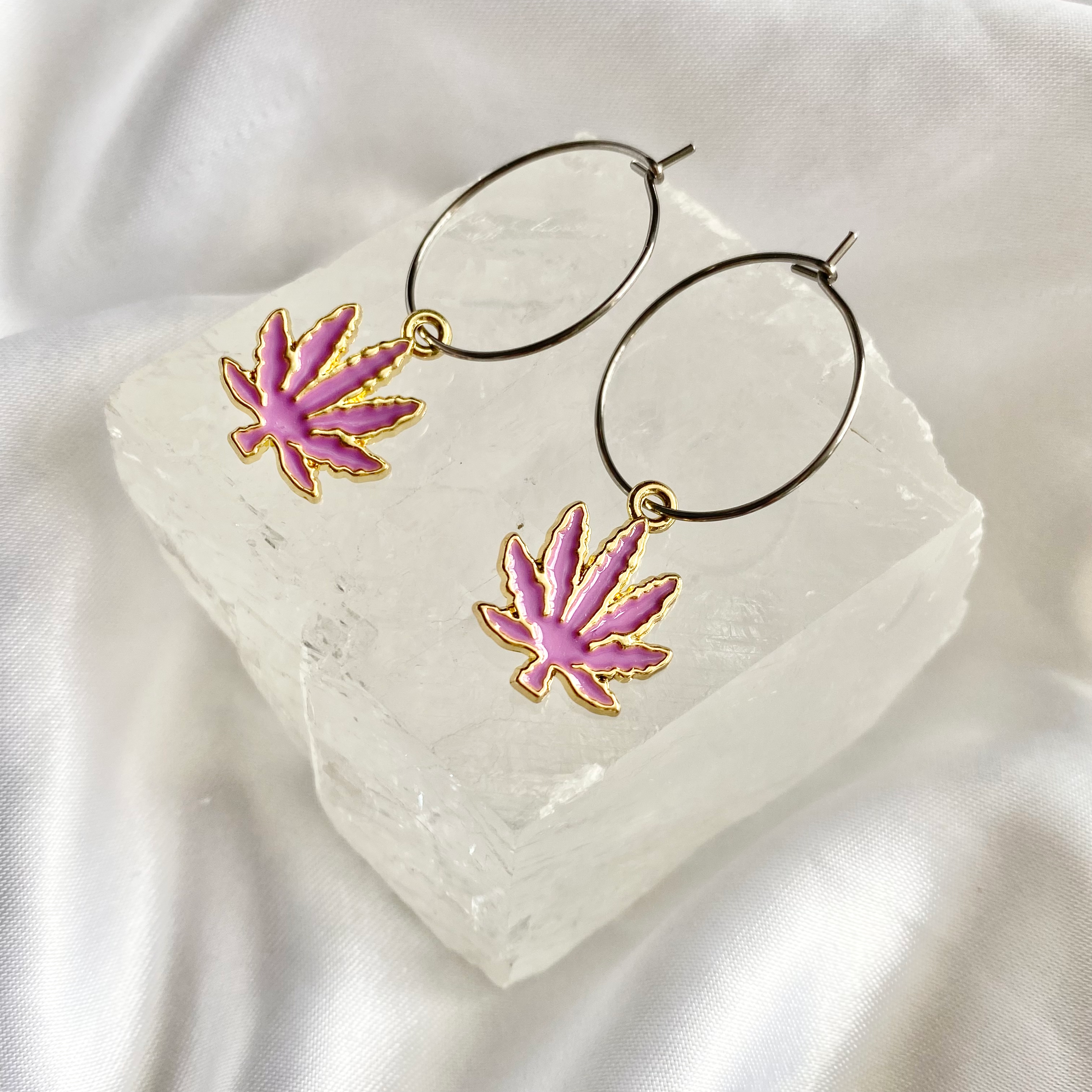 Purple Weed Leaf Hoop Earrings image 0