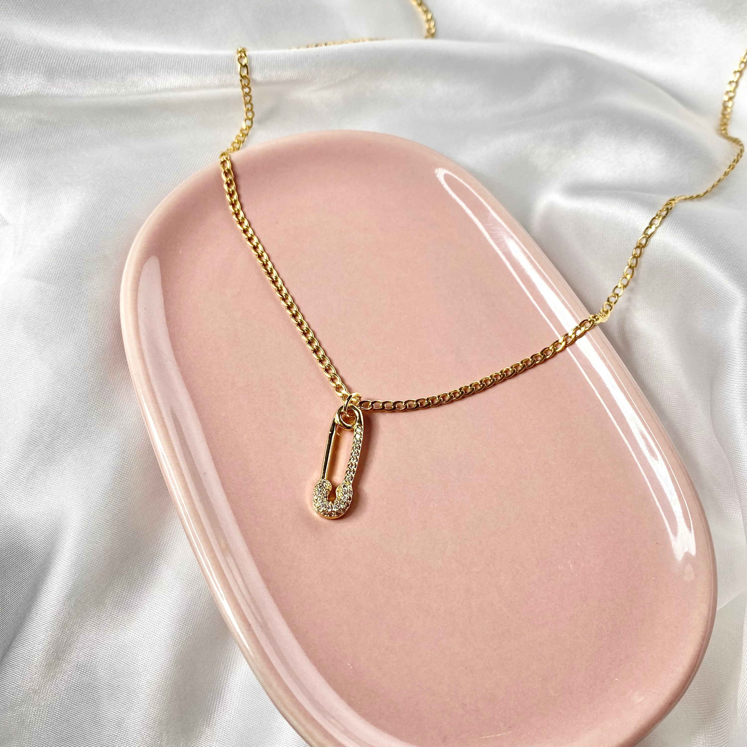 Gold CZ Paved Safety Pin Necklace image 1