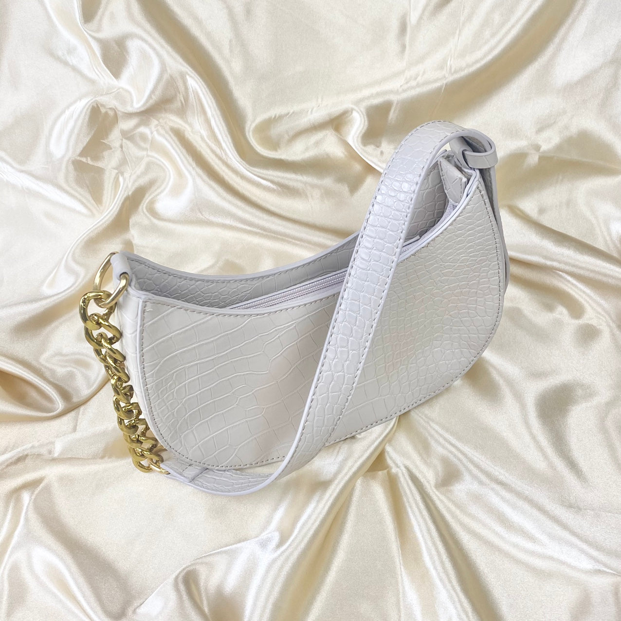 Beige Croc Saddle Shoulder Bag image 2