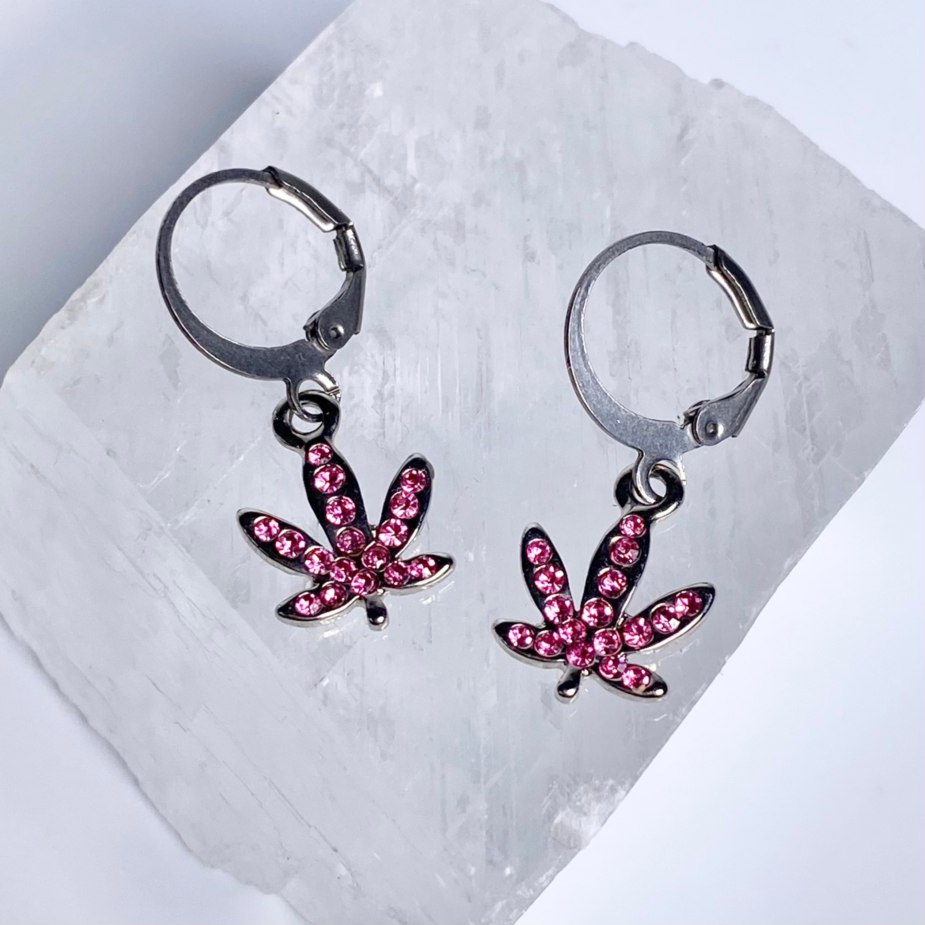 Pink Crystal Paved Weed Leaf Earrings image 0
