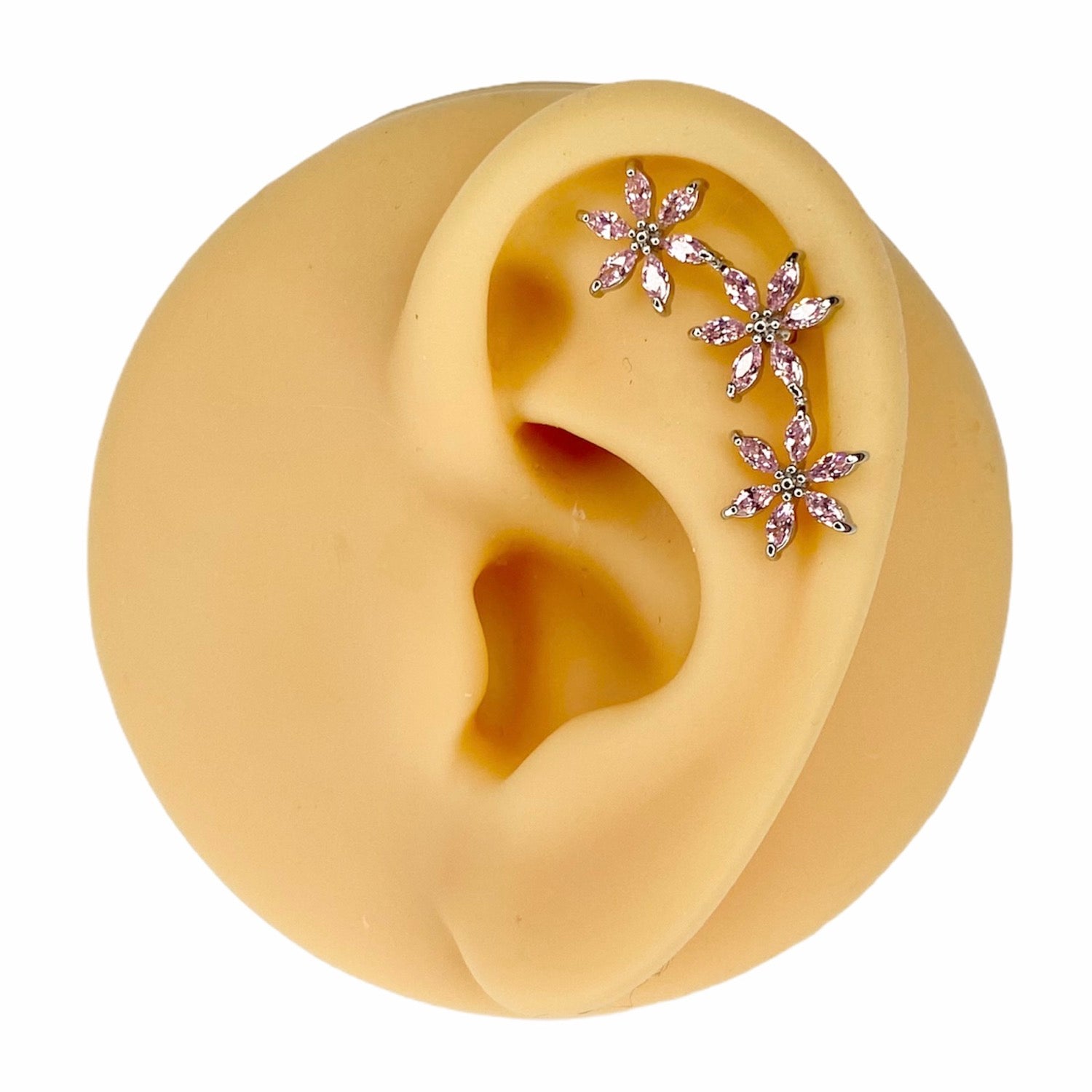 Pink Large Triple CZ Flower Barbell Stud image 0