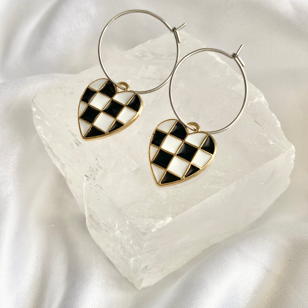 Black Checkered Heart Hoop Earrings image 0