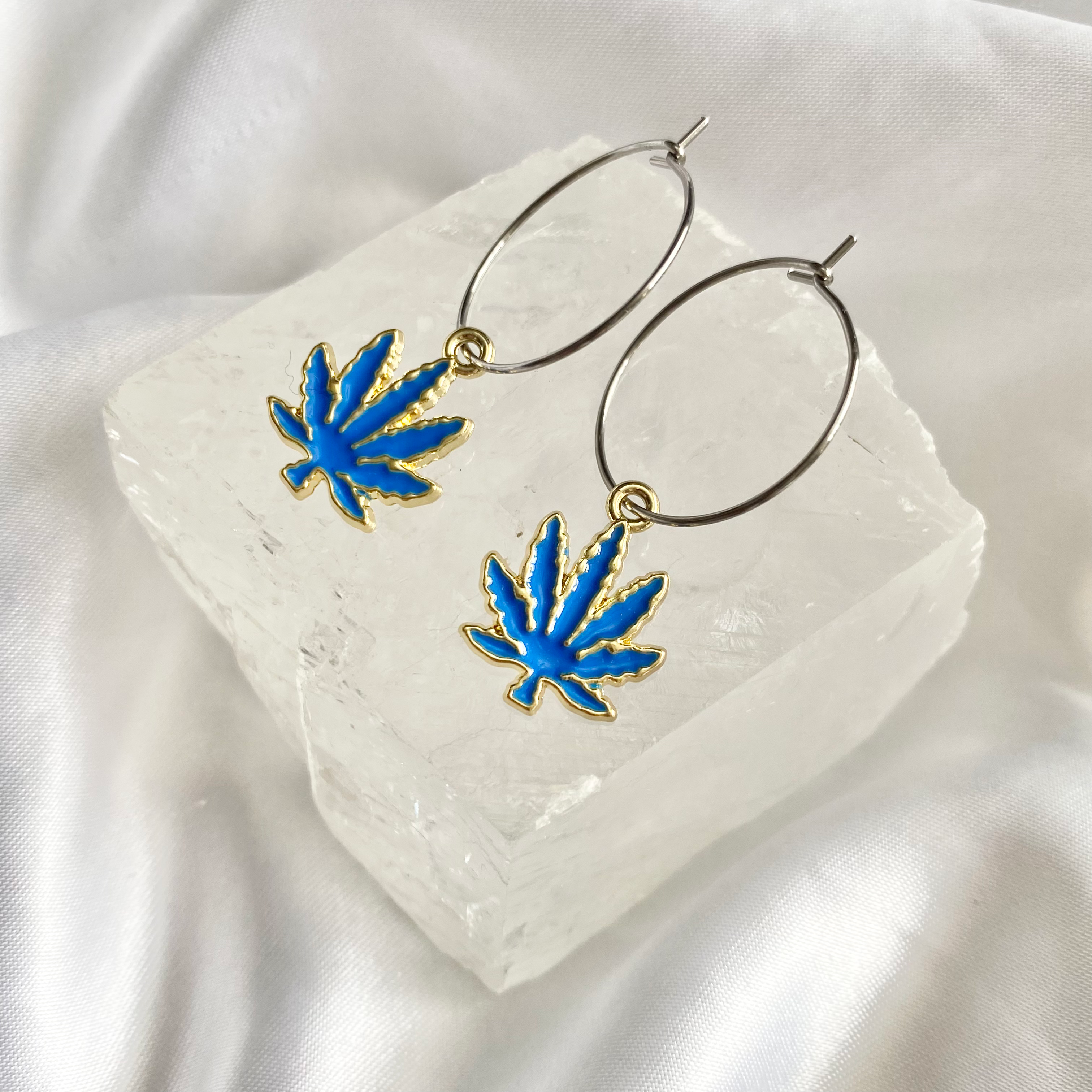 Blue Weed Leaf Hoop Earrings image 0