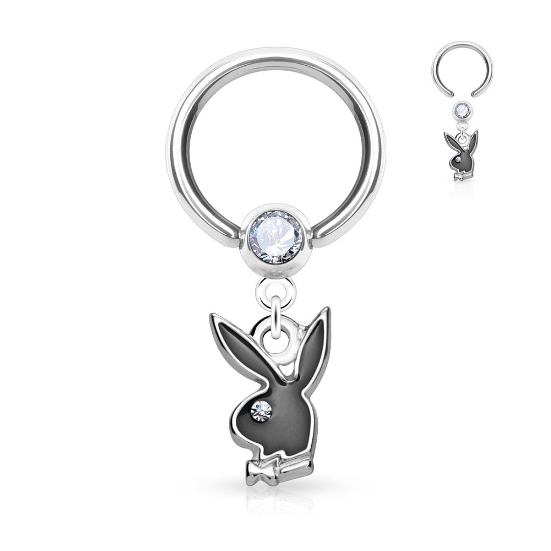 Black Enamel Playboy Dangle Captive Hoop Ring image 0