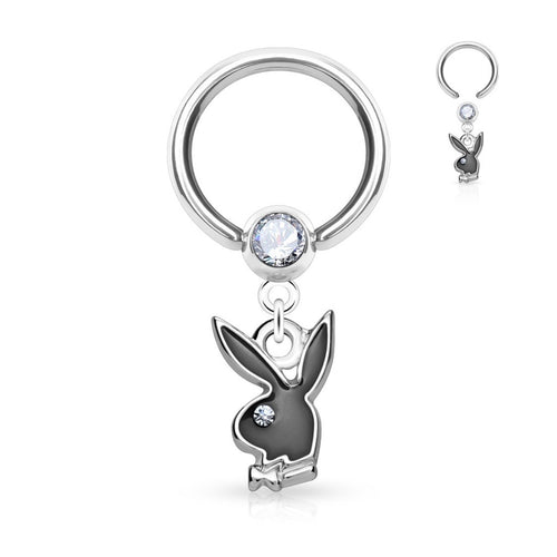 Black Enamel Playboy Dangle Captive Hoop Ring image 0