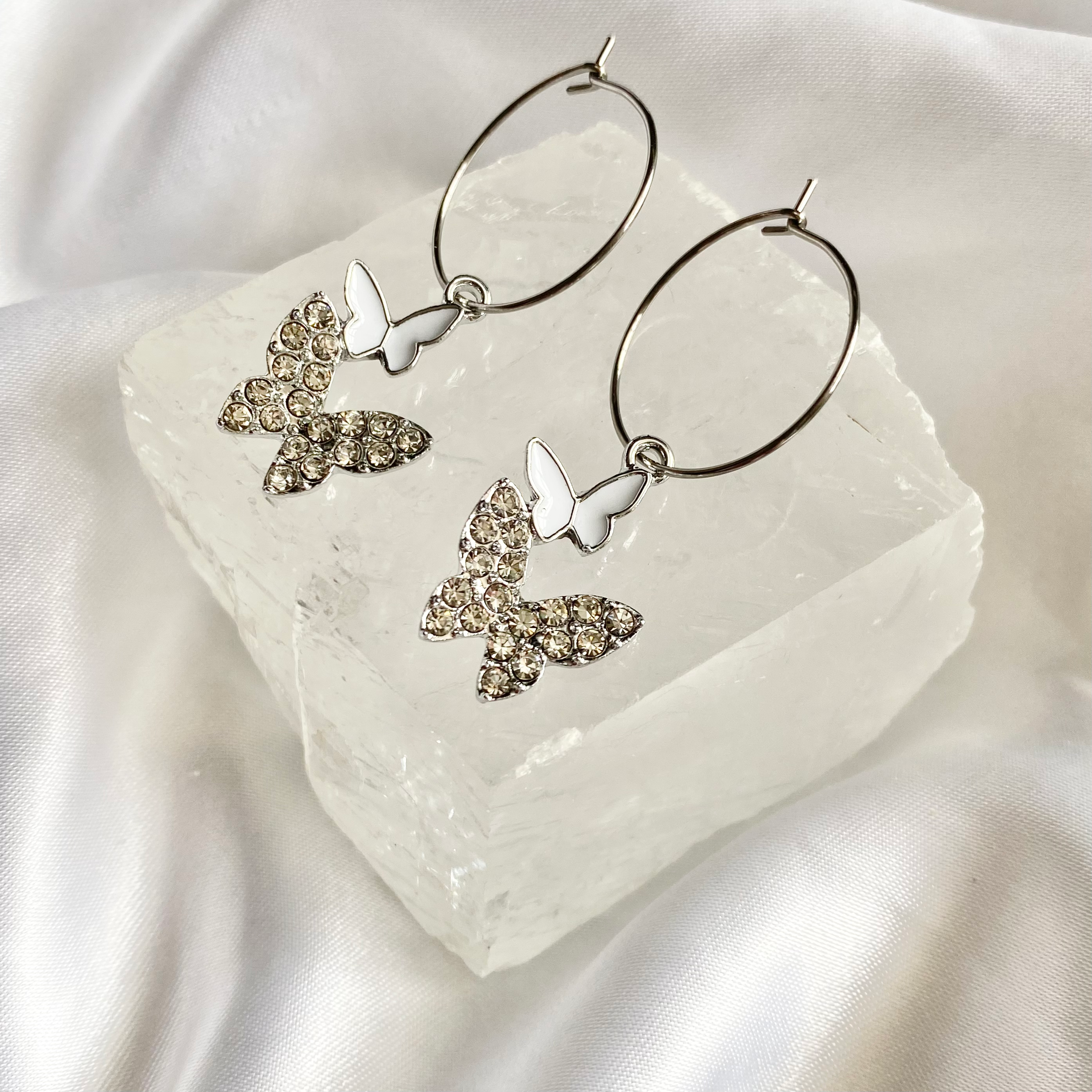 White Rhinestone Butterfly Hoop Earrings image 0
