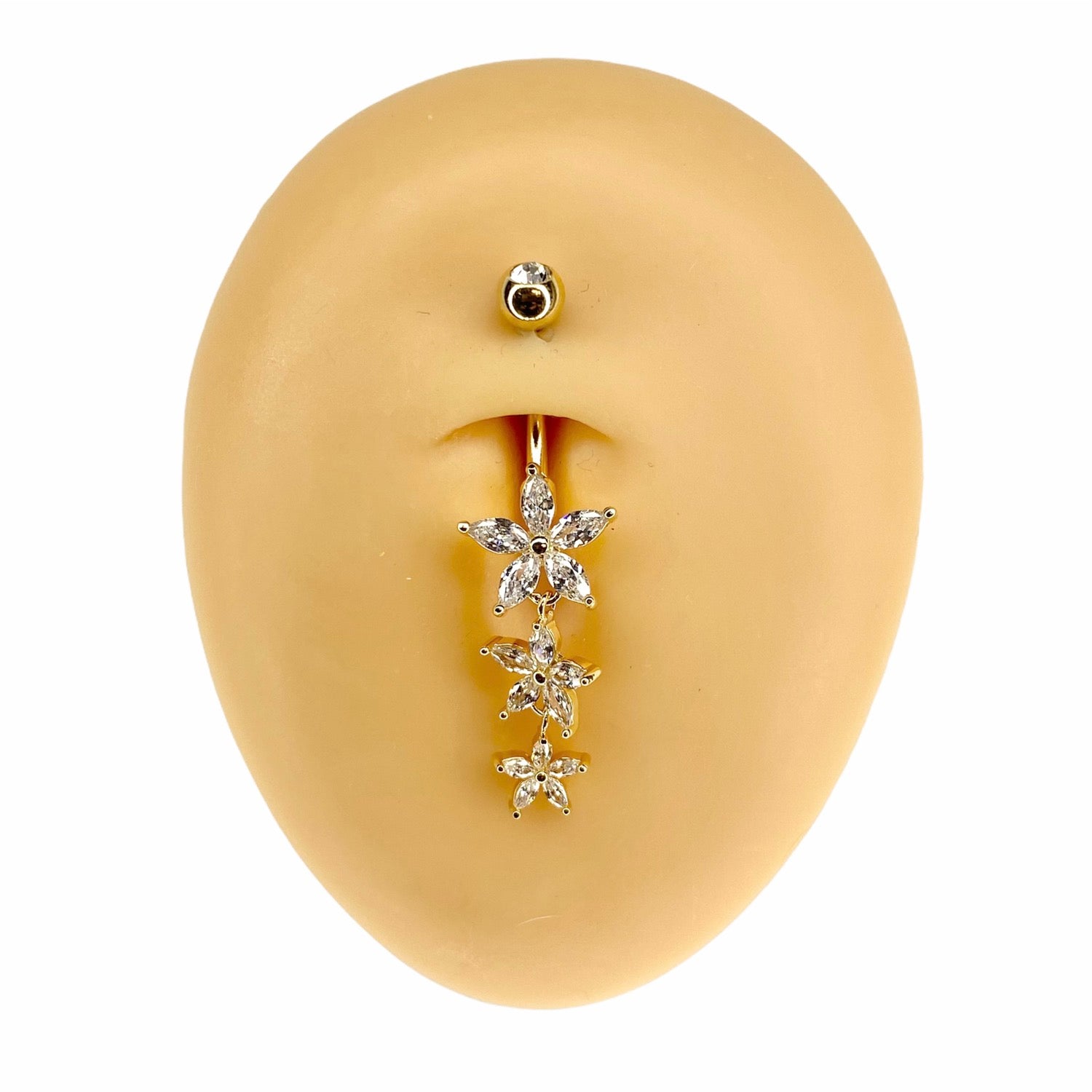 Gold Triple CZ Marquise Flower Dangle Belly Bar  image 0