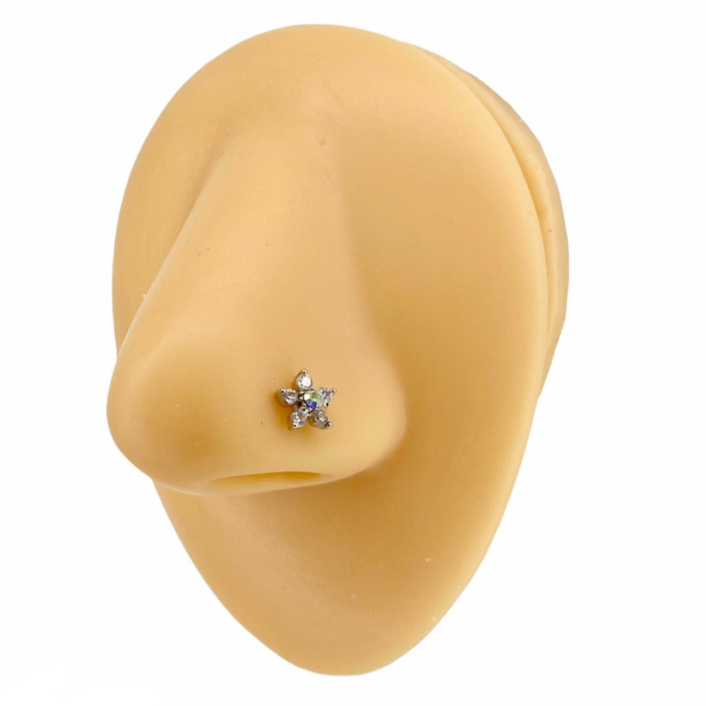Silver Aurora Borealis CZ Flower Nose Stud image 0