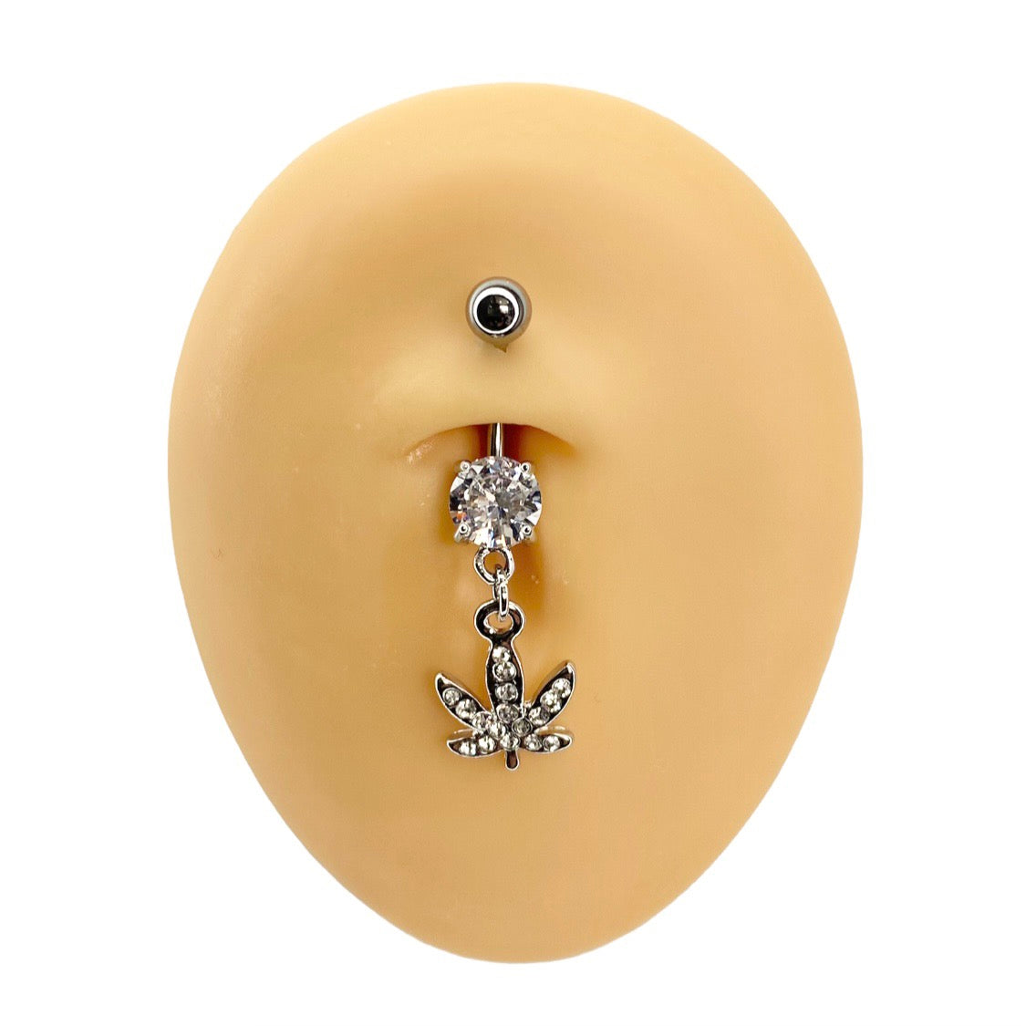 Silver Crystal Paved Weed Leaf Belly Bar  image 0