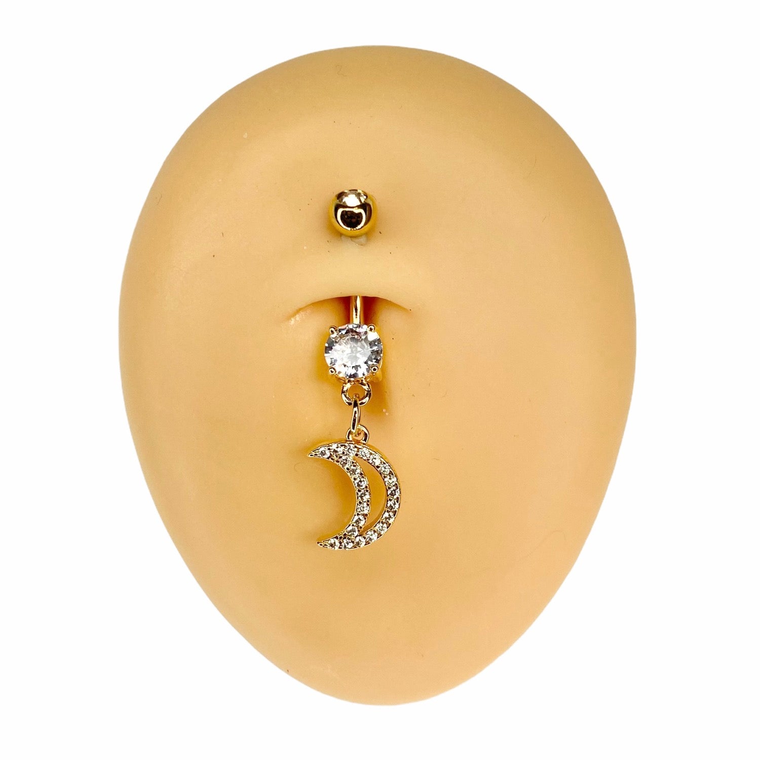 Gold CZ Paved Crescent Moon Dangle Belly Bar  image 0