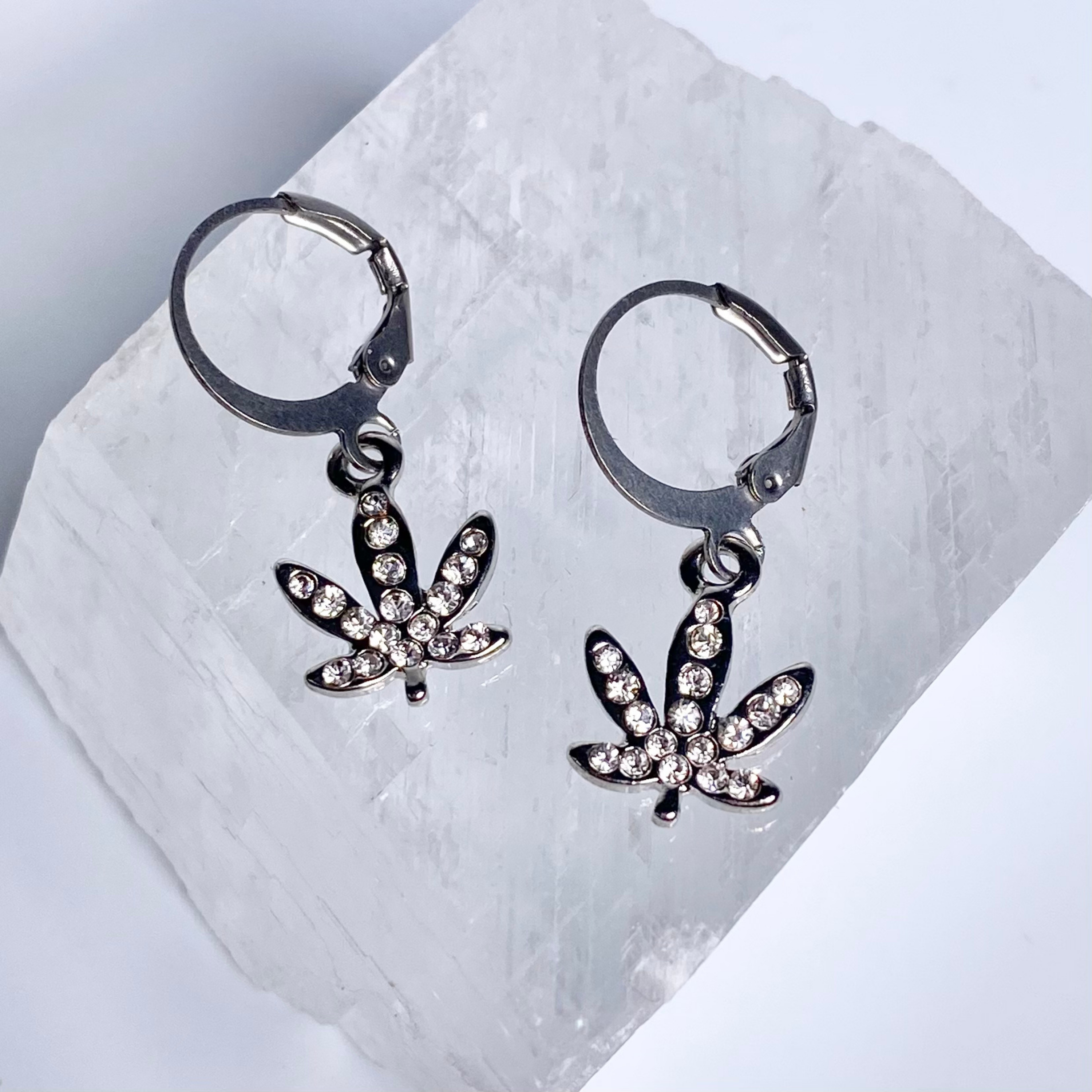 Silver Crystal Paved Weed Leaf Earrings image 0