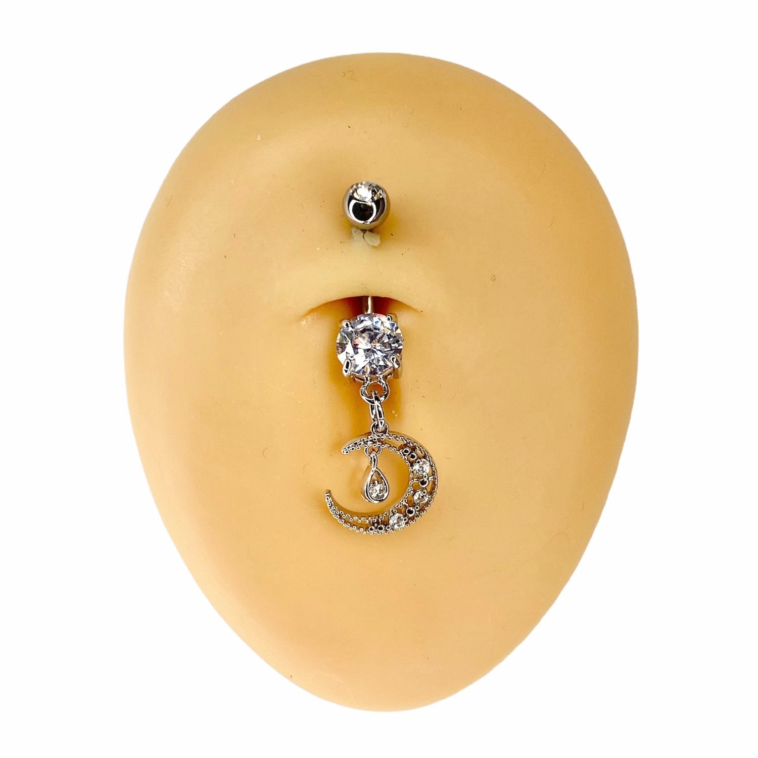 Silver CZ Crescent Moon Dangle Belly Bar  image 0