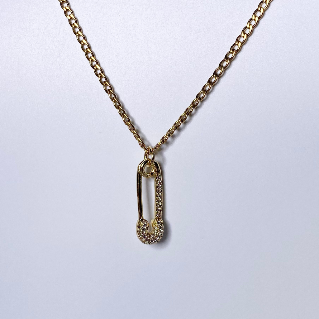 Gold CZ Paved Safety Pin Necklace image 0