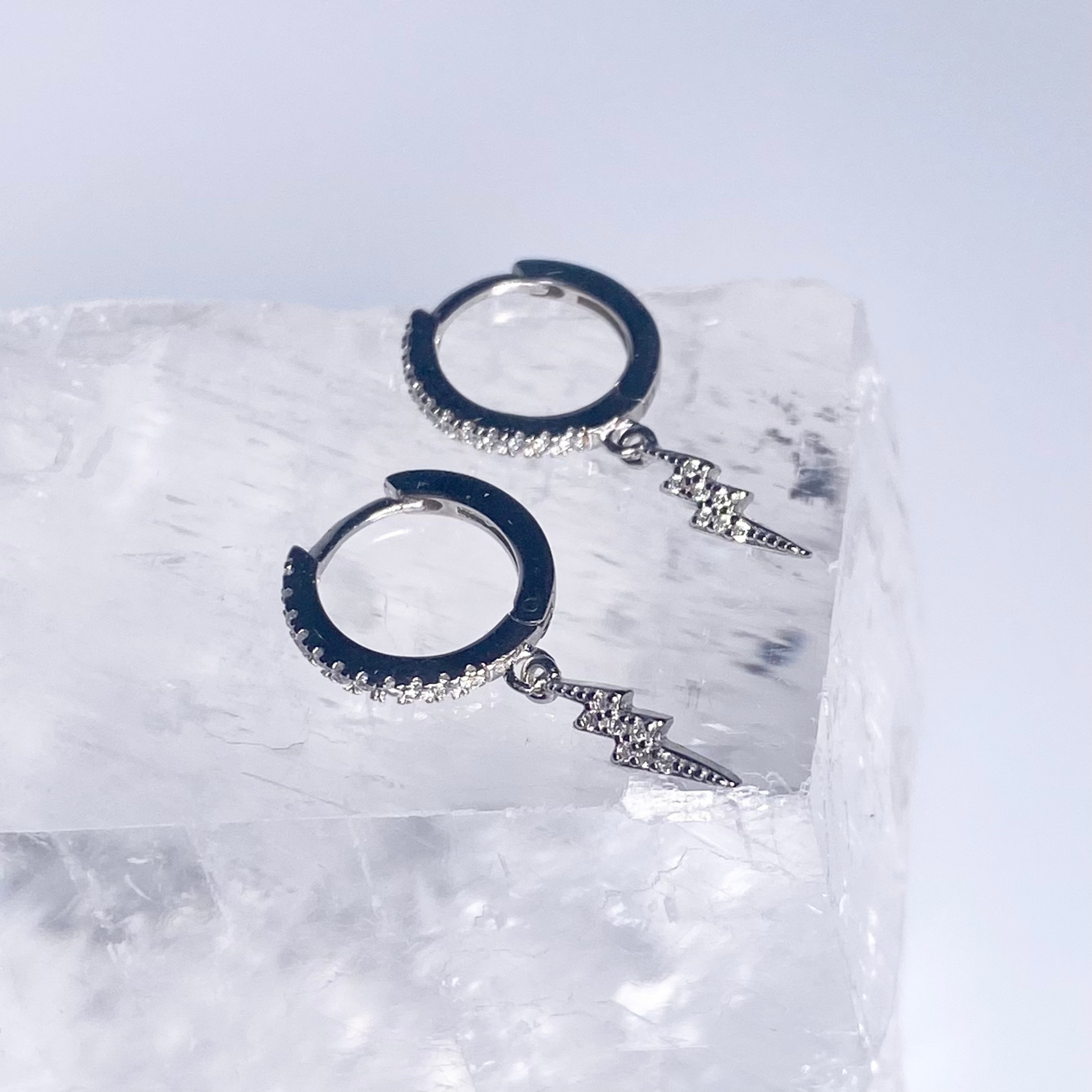 Silver Mini CZ Lightning Bolt Hoop Earrings image 0