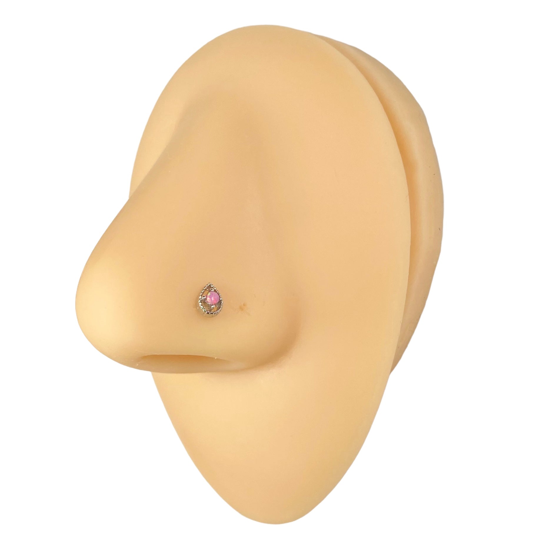 Silver Tear Drop Pink Opal Center Nose Stud image 0